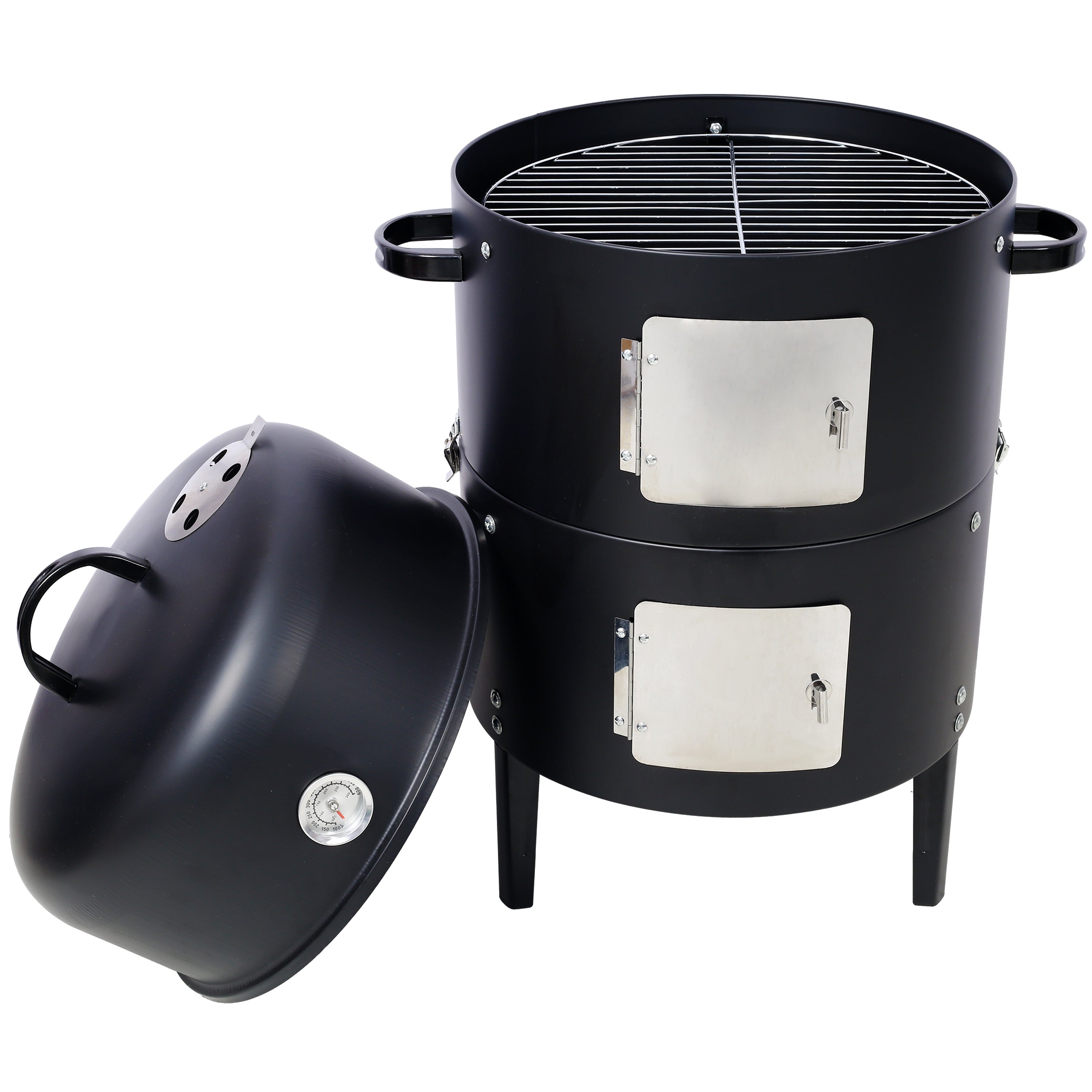 Heavy Duty Round BBQ Grill 17 Inch Steel Charcoal Smoker for Outdoor Cooking, Black