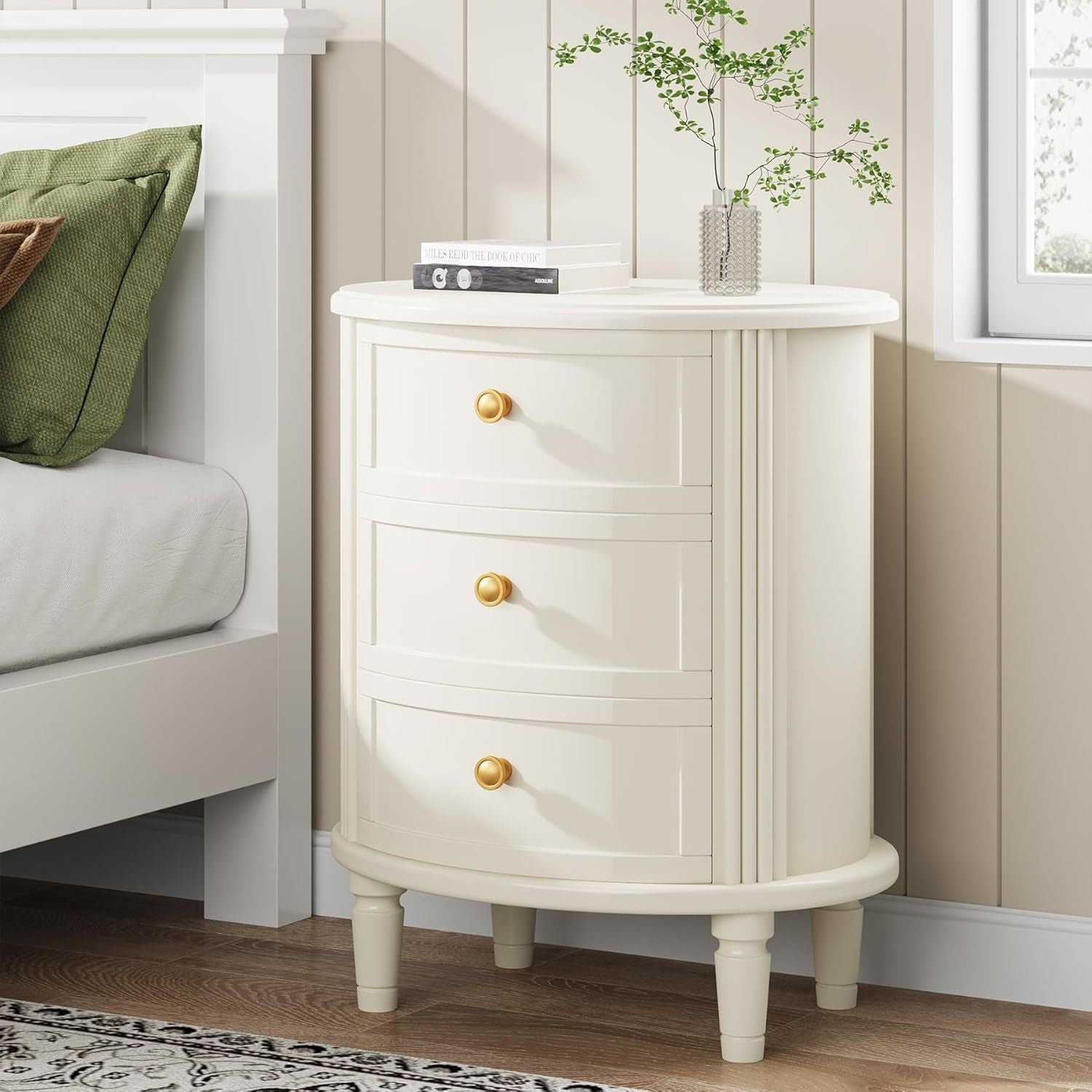 20" Oval Nightstand with 3 Drawers | Fully Assembled Farmhouse Bedside Table | Beige White