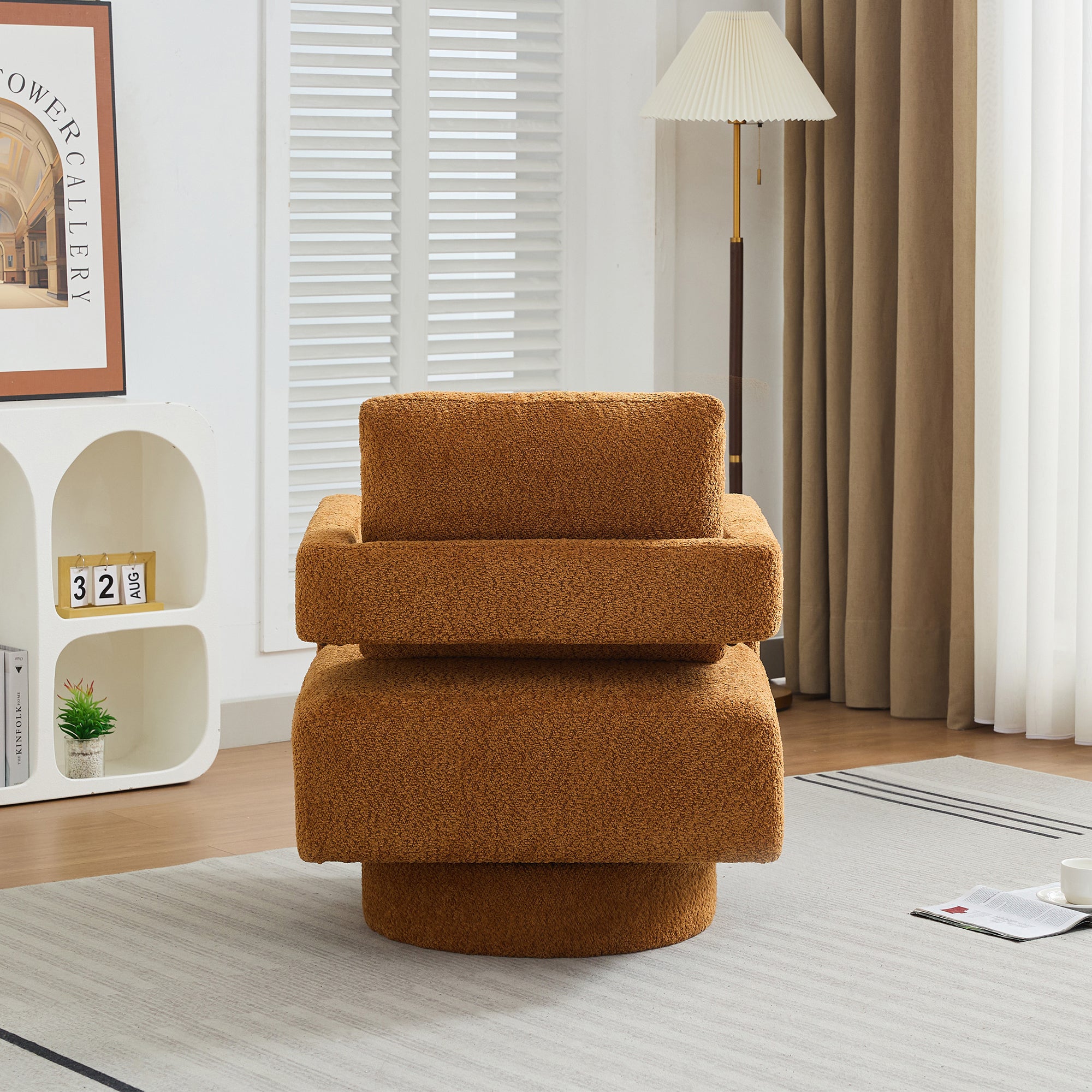 29.13" W Square Swivel Accent Chair, Modern Rotating Arm Chair with Open Back,360 Degree Rotation, Lounge Club Chair with Removable Back Cushion for Living Room, Hotel, Bed Room,Caramel