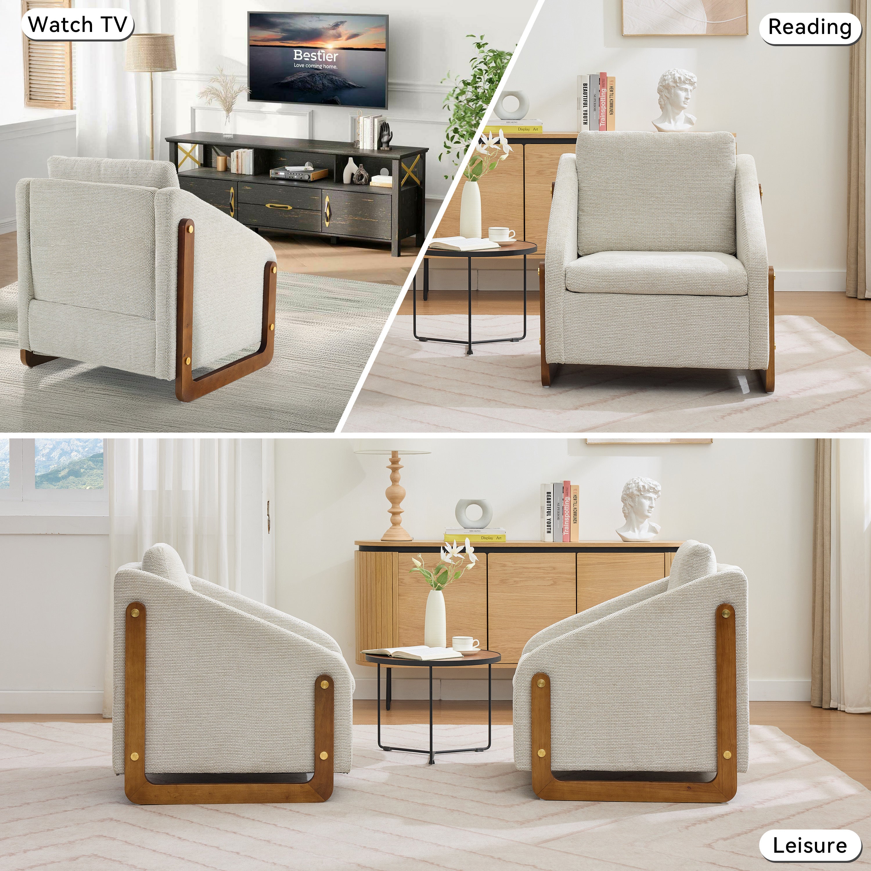057-Set of 1 Chenille Fabric Modern Upholstered Armchair with Wooden Side Frame , Accent Leisure Chair with Cushioned Seat and Backrest for Living Room, Bedroom,Beige