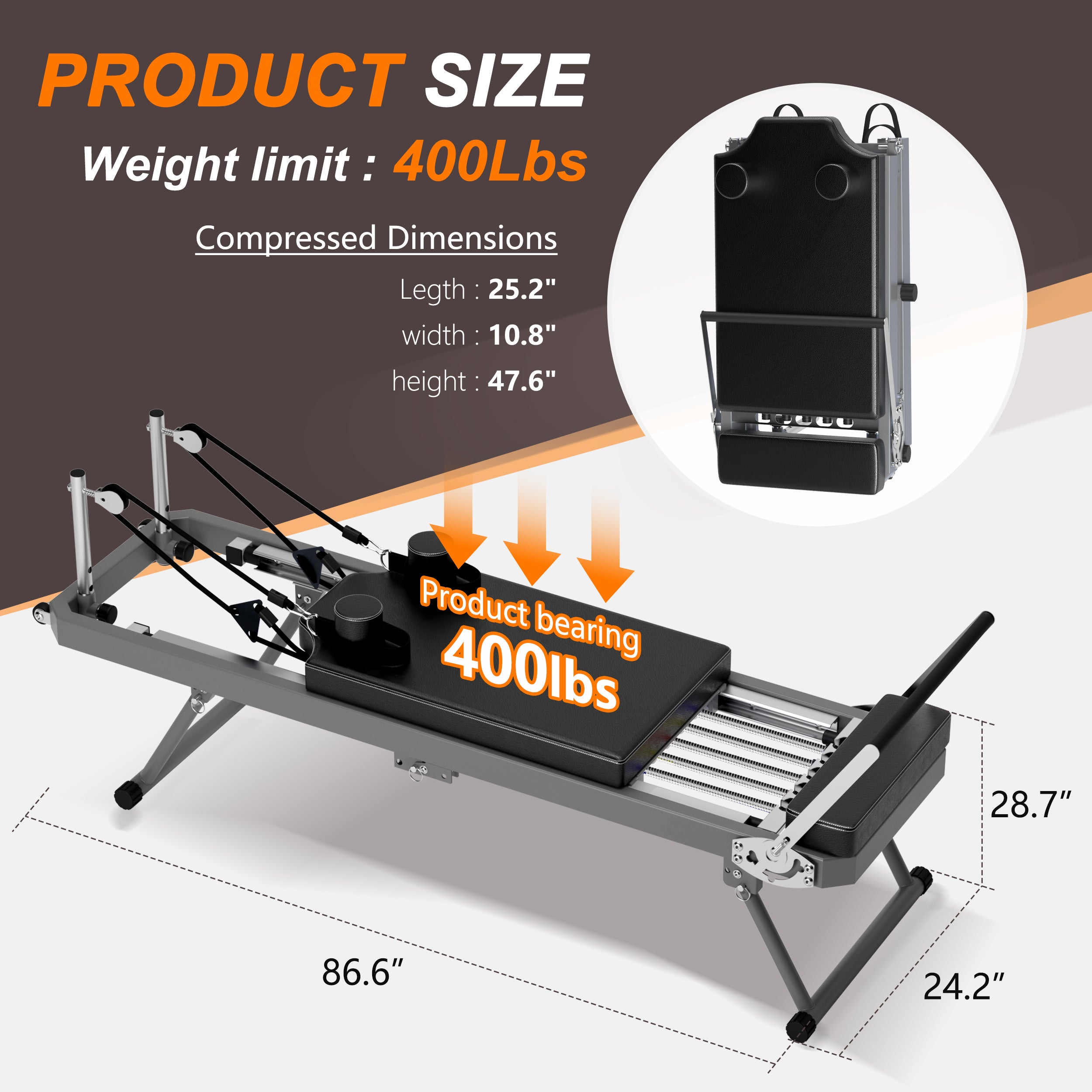 Extra Large Pilates Reformer – Multifunctional Home Fitness Machine with Resistance Cords & Aerobic Rebounder, 395lbs Capacity, Black