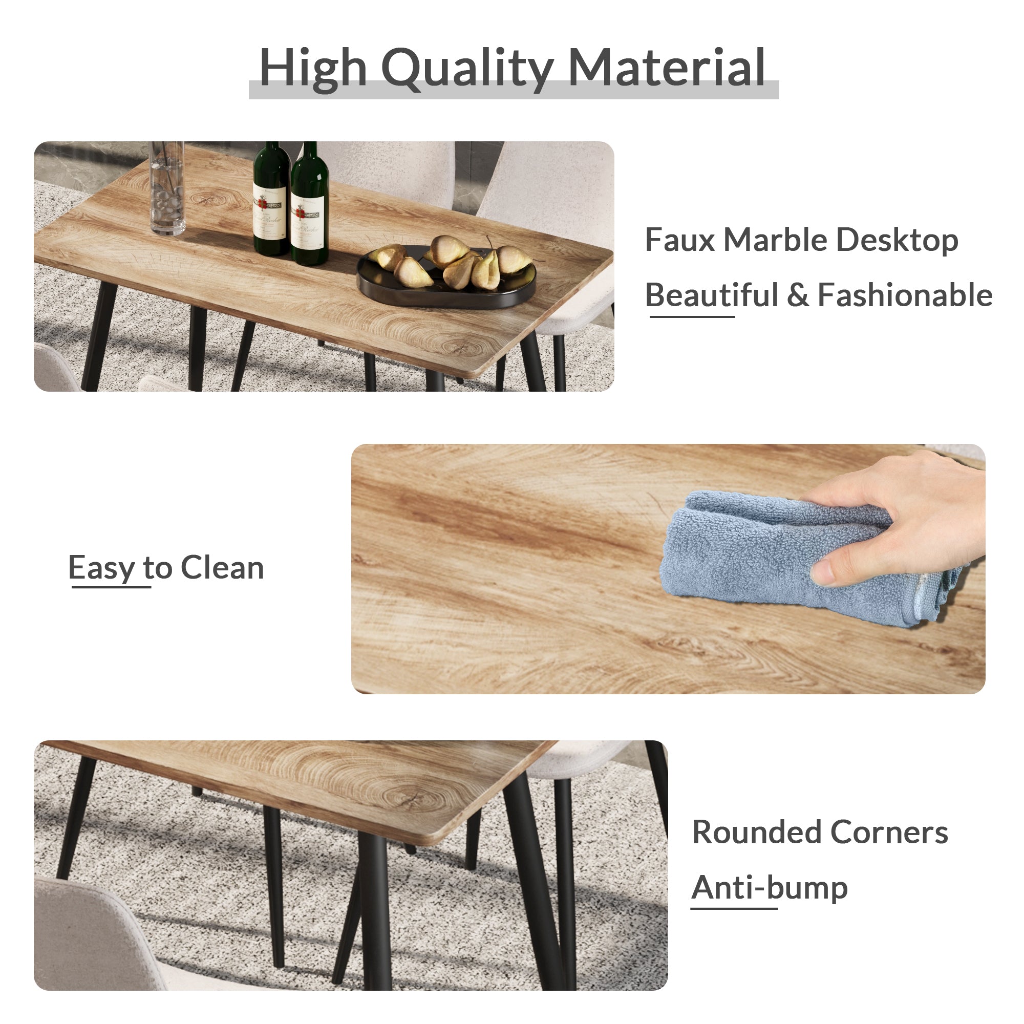 47" Modern minimalist MDF wood color dining table, black metal legs, small sized dining table, computer desk, office desk, kitchen table, for4- 6 Seat.Suitable for home & kitchen