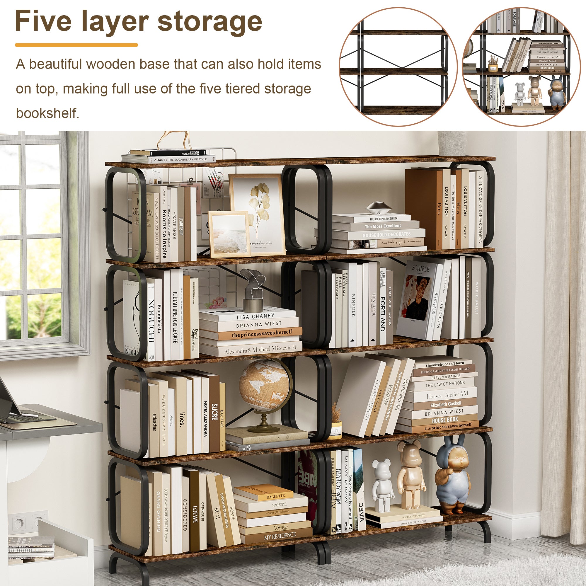  5-Tier Large Book Shelf, Open Bookcase for Home Office, Living Room, Vintage Industrial Style Bookshelf with Metal Frame, Rustic Brown