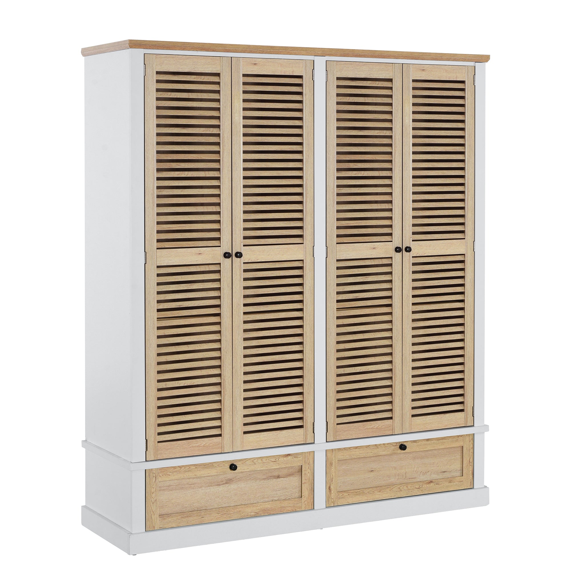 4 Shutter Door Wardrobe Armoire Closet with 2 Drawers, Natural and White