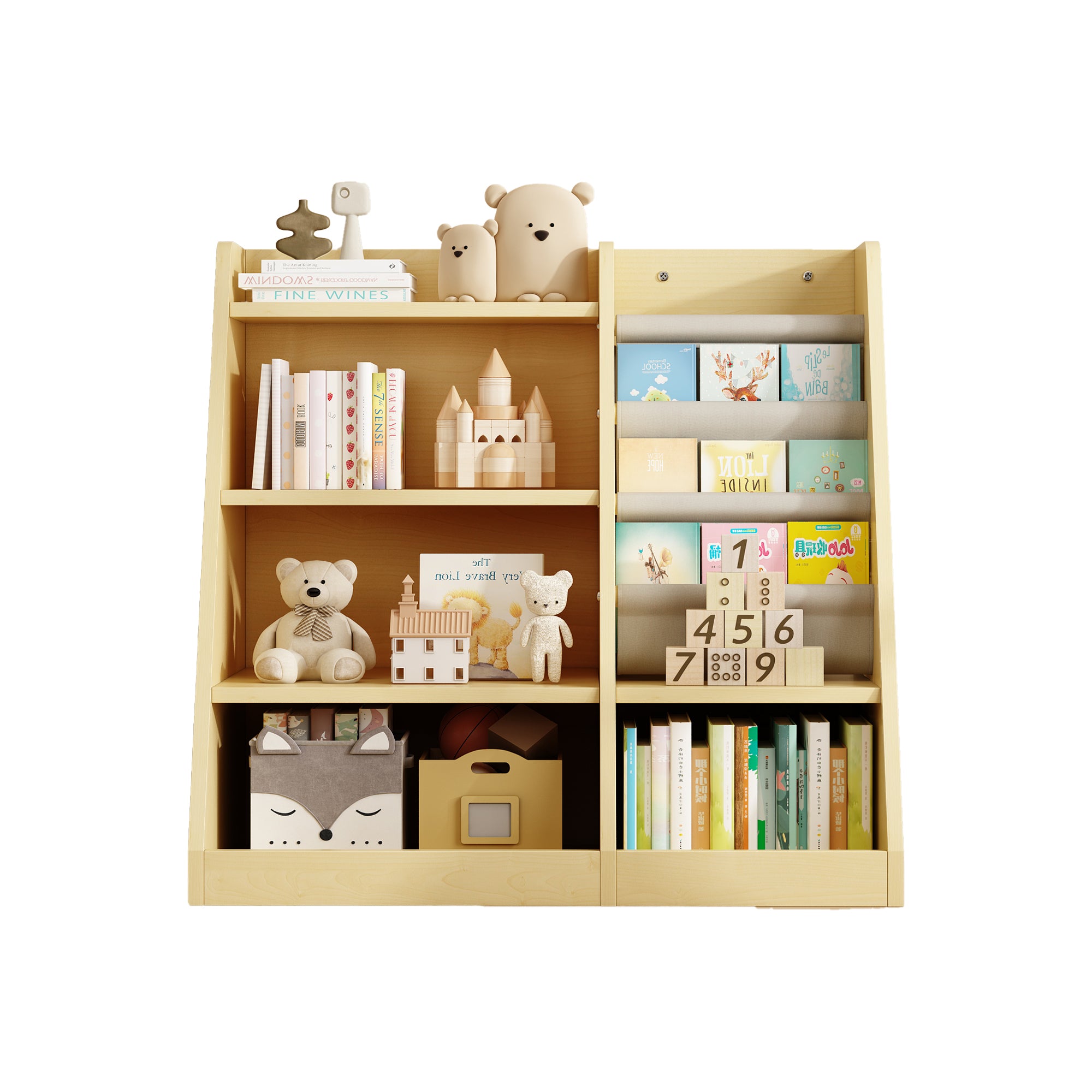 Wooden Toy Storage Organizer Cabinet – Natural Wood Kids Bookshelf, Adjustable Sling Book Rack for Playroom, Bedroom, Nursery, Hallway, and Kindergarten