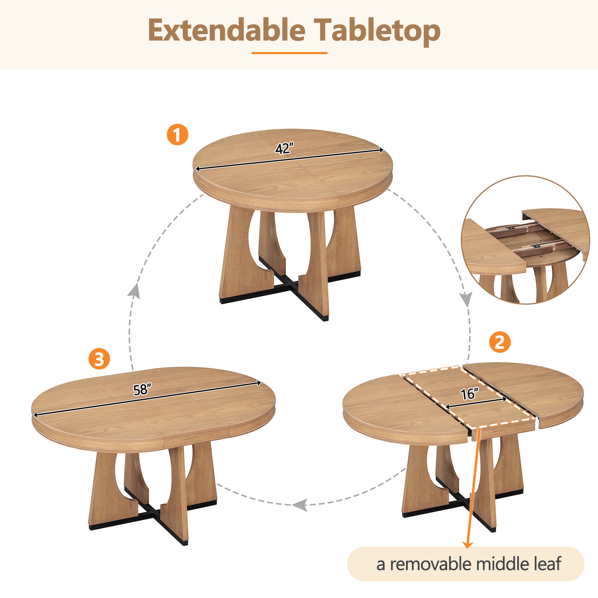 TREXM 5-Piece Retro Rustic Functional Dining Set – 1 Extendable Table with 16-Inch Leaf and 4 Upholstered Chairs, Unique Geometric Design, Ideal for Dining Room and Kitchen (Natural)