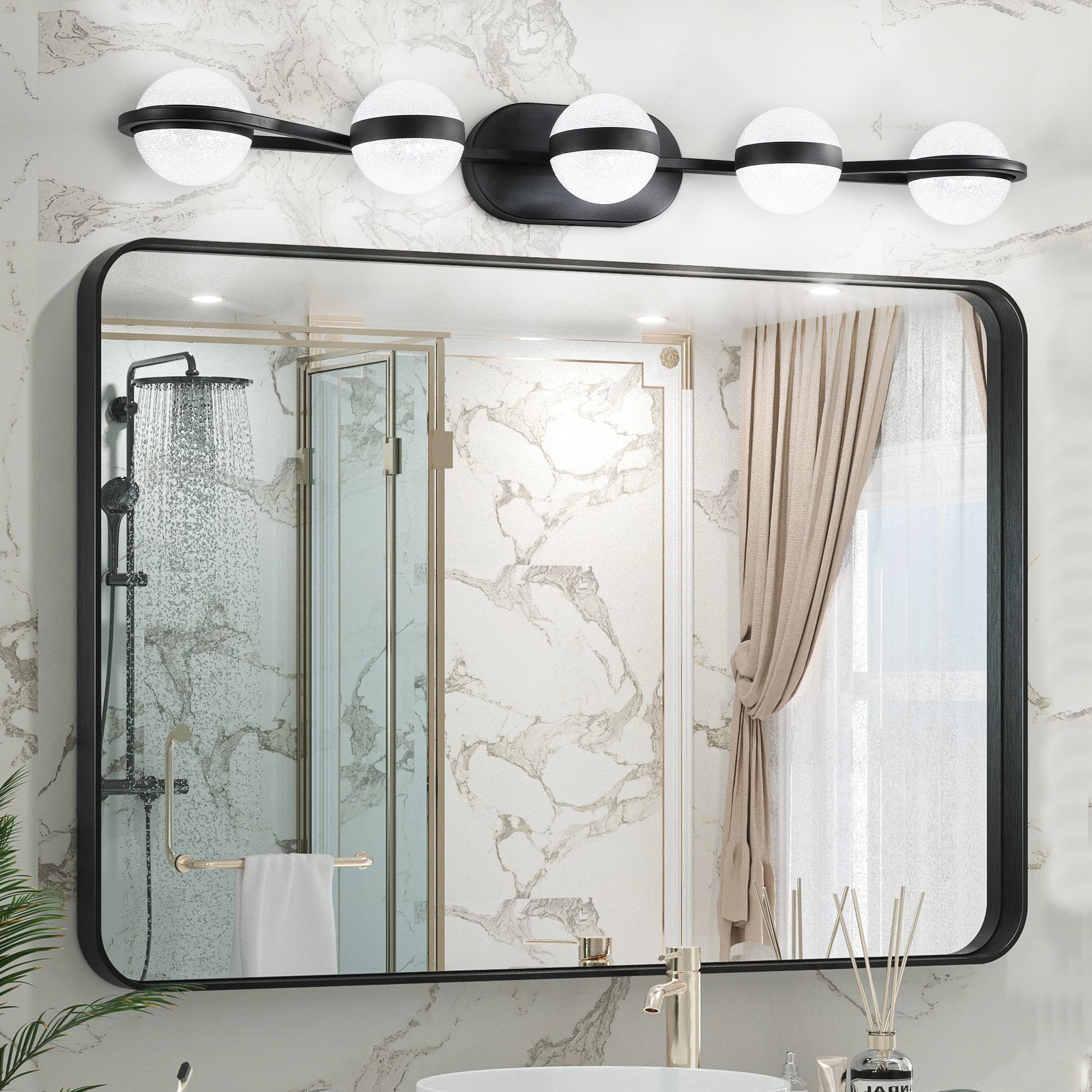 35" Modern LED Bathroom Vanity Light – 5 Bulb Wall Mount Fixture with Crystal Sand Acrylic Shades, Black Finish (W1340P206793