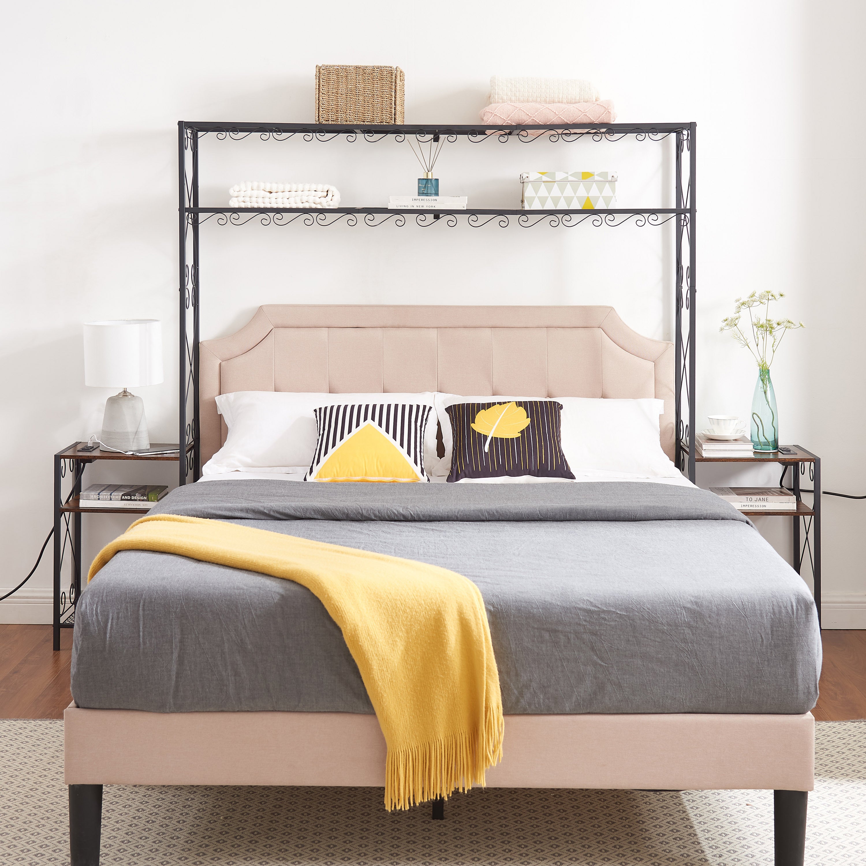  Queen Bed Frame with Integrated Bookcase Headboard, Two Nightstands, and Storage Cabinet – Rustic Brown Iron and Wood Design with Easy Assembly