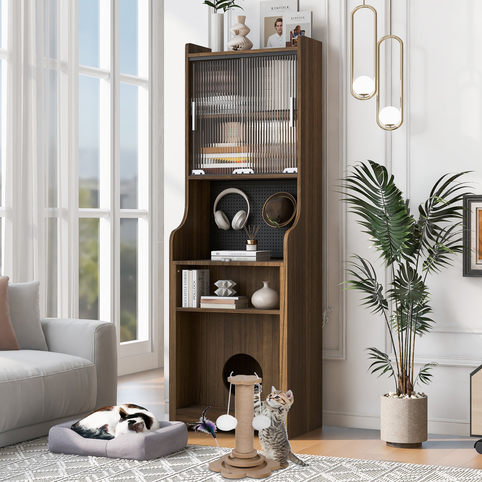 Mid-Century Modern Walnut Vintage Multi-use Cabinet With Cat scratcher Bed cat friendly furniture