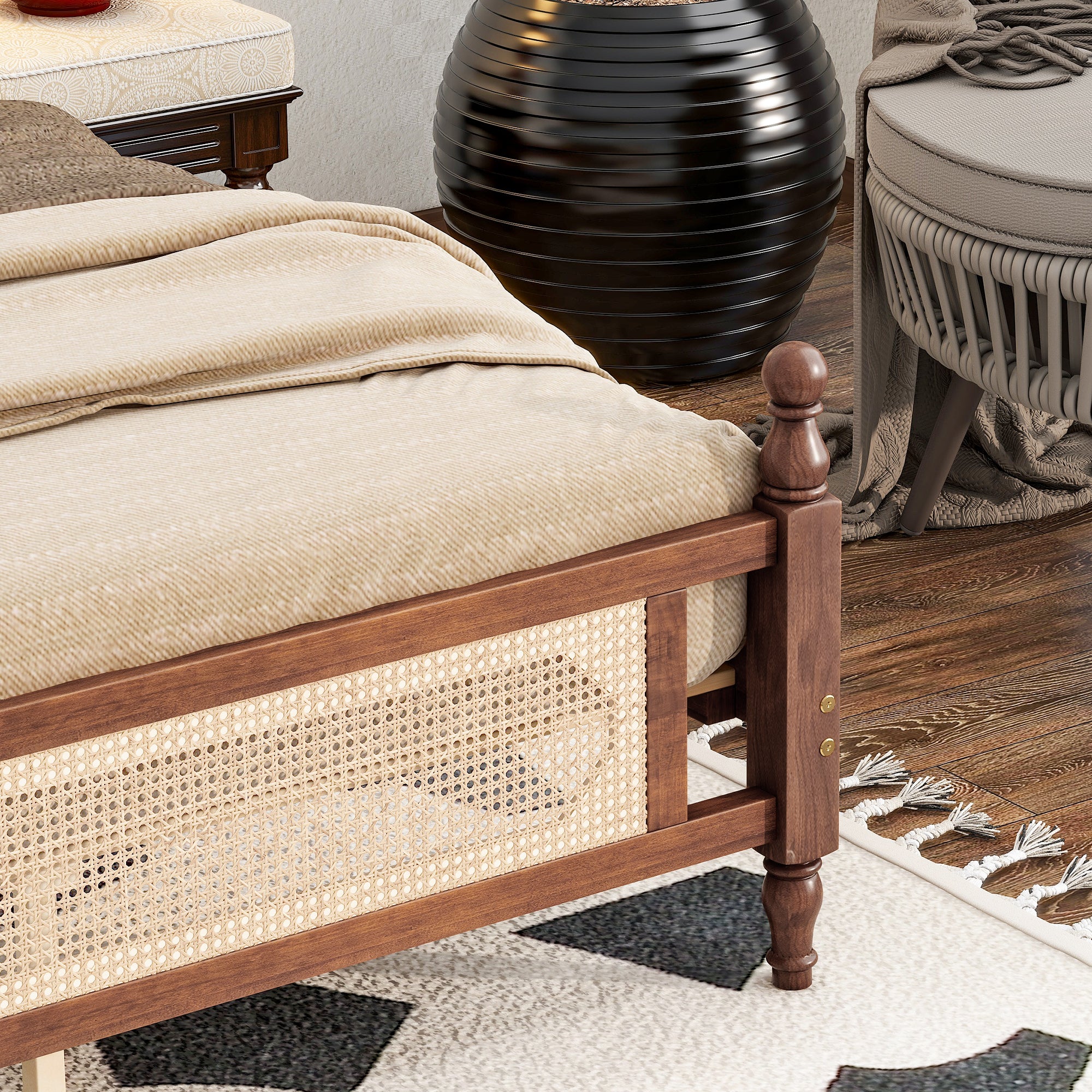 King Pine Platform Bed with Rattan Headboard | Modern Wooden Bed Frame in Walnut