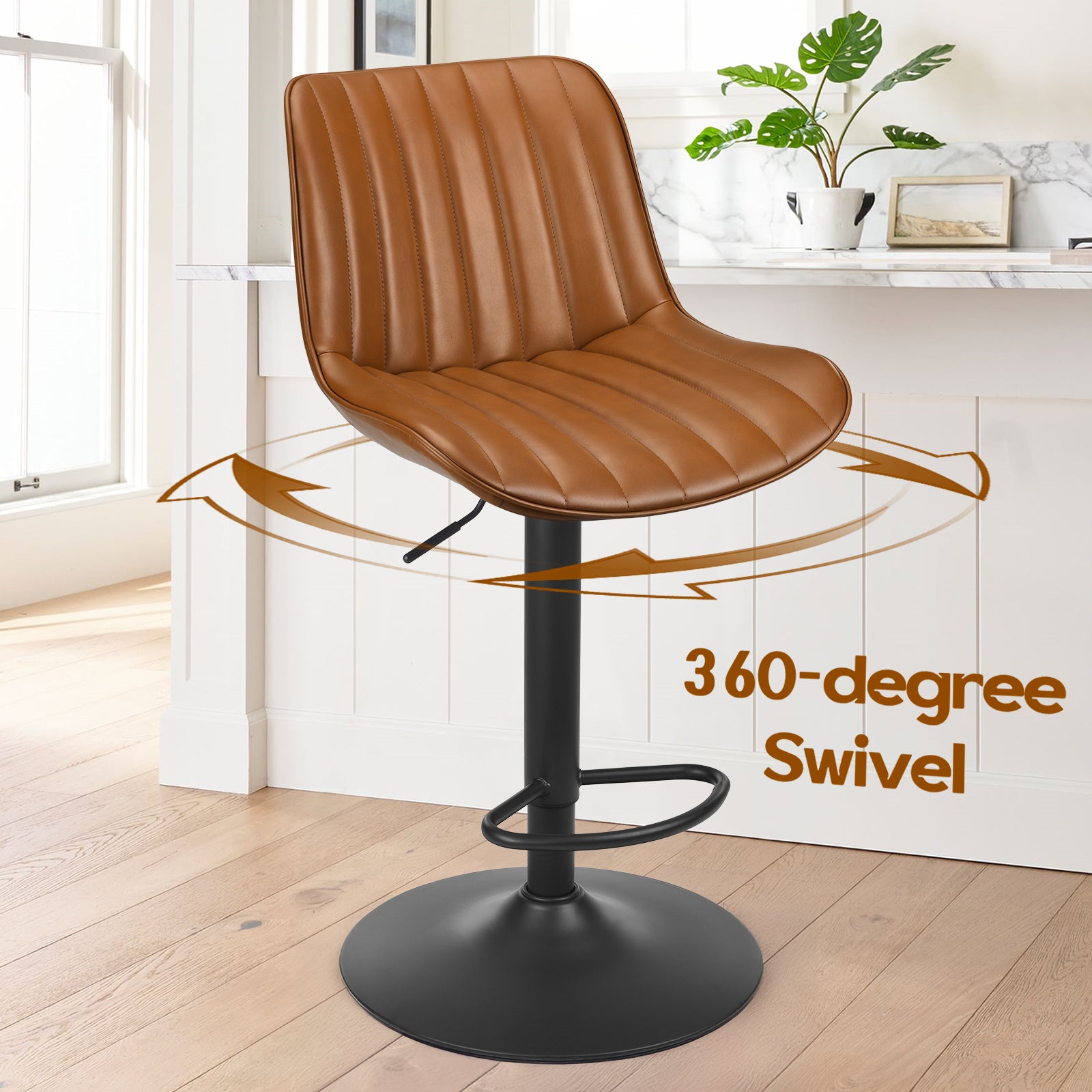 Swivel Adjustable Bar Stools Set of 2 | Brown PU Leather Counter Height Bar Chairs with Back Support