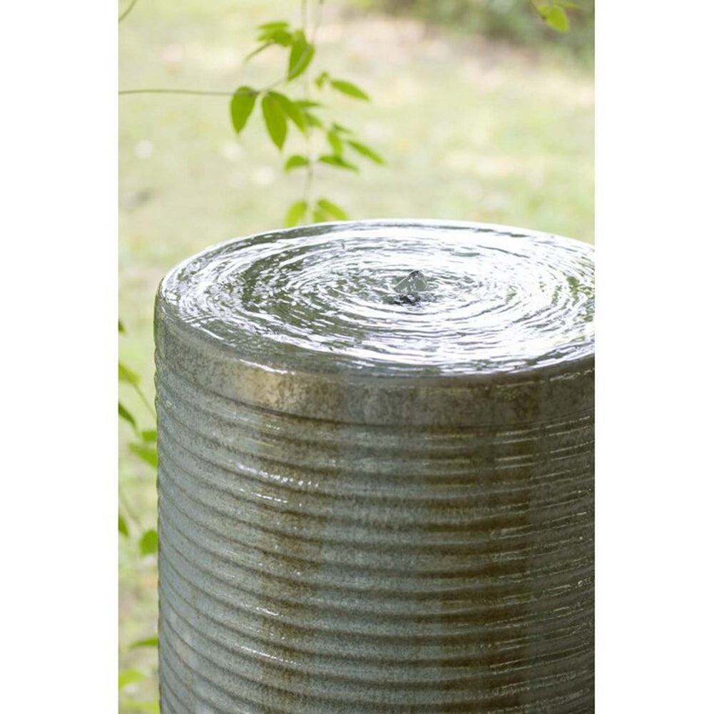 44' Tall Large Modern Cylinder Ribbed Tower Water Fountain, Contemporary Antique Finish Outdoor Bird Bath Concrete Fountain