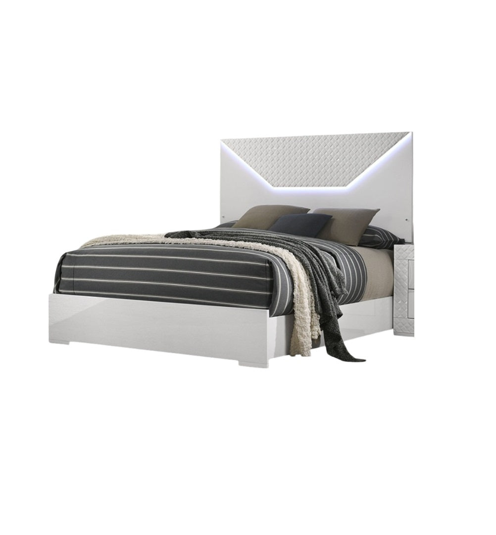 White Color 1pc Queen Size Bed W LED Bedroom Furniture High Gloss Finish Unique Design Headboard