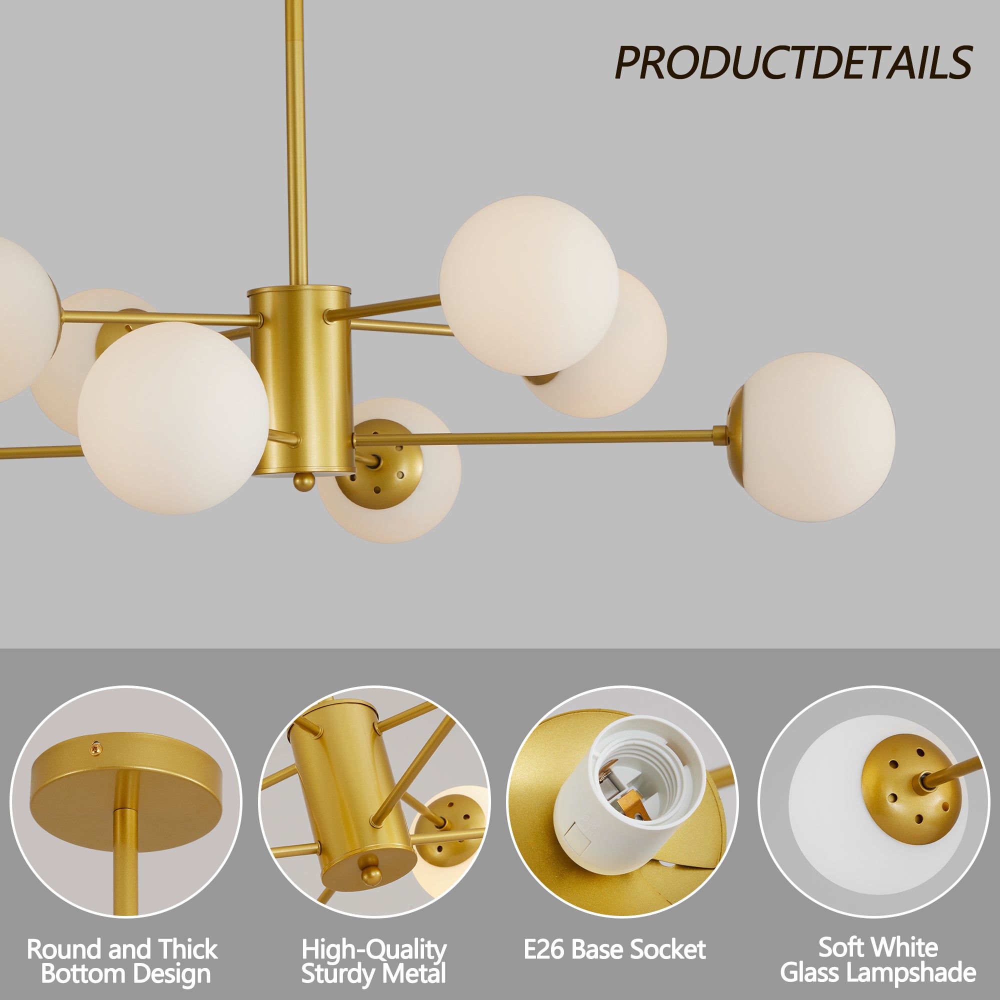 35' Modern 8-Light Gold Chandelier with White Glass Globe Shades, Mid-Century Branching Design, Elegant Ceiling Light Fixture for Dining Room, Living Room, or Bedroom (No Bulbs)