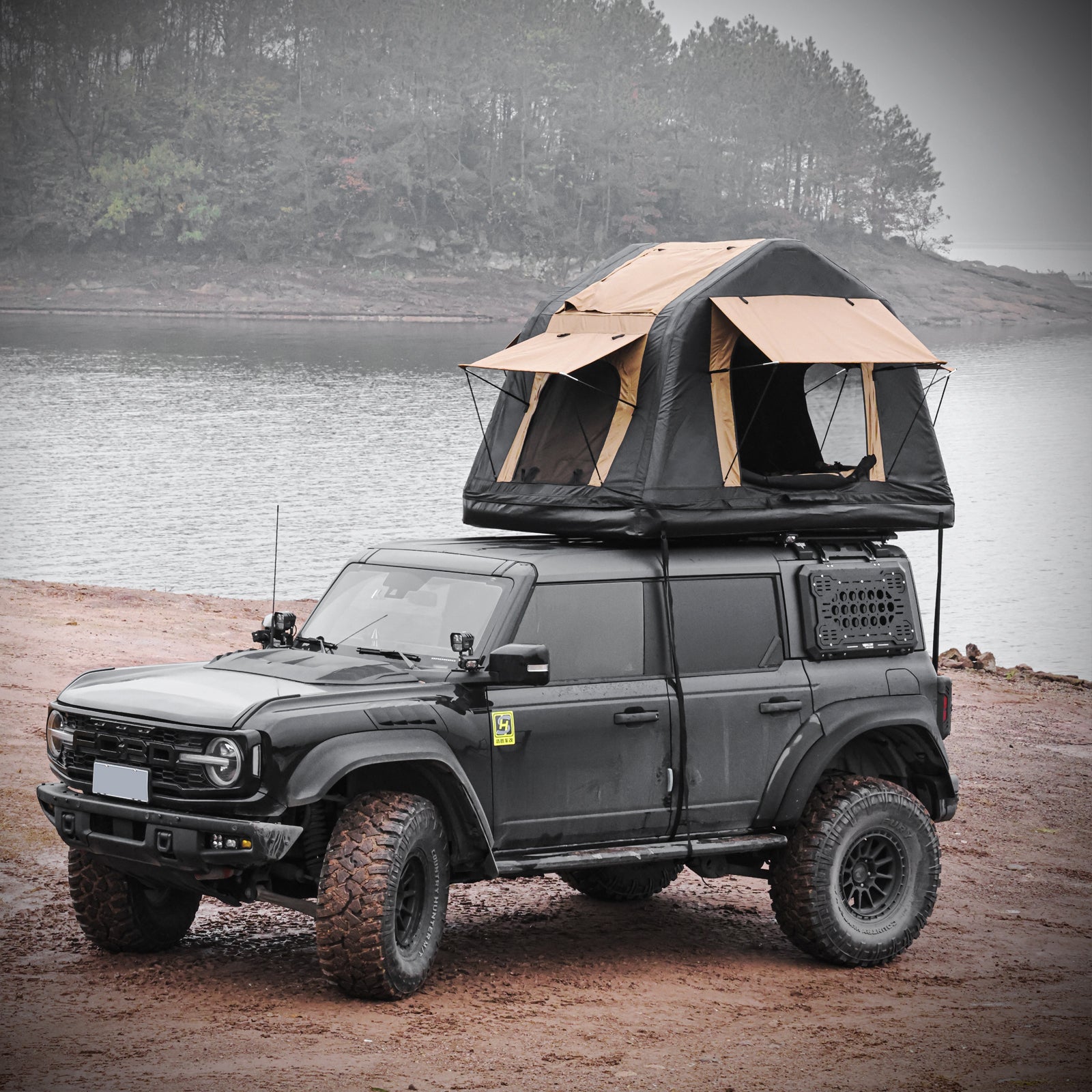 Foldable Amphibious Inflatable Roof Top Tent for 2-3 People – Two-Tone Khaki & Black, SUV & Truck Camping Tent (No Ladder)