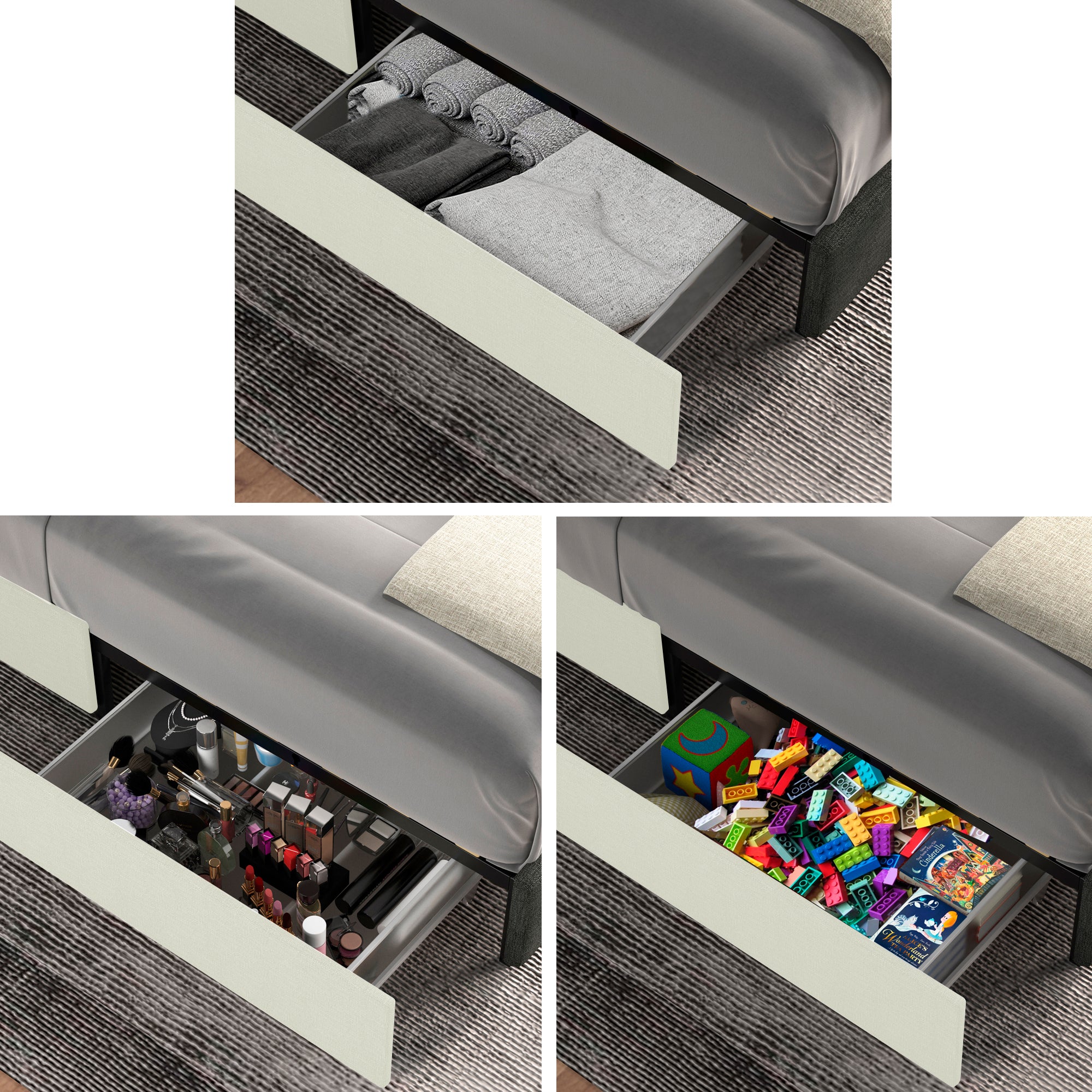 Anna Patented 2-Drawer Storage Bed Queen Size Ivory Velvet Upholstered Wingback Platform Bed, Modern Design Headboard with Tight Channel, Wooden Slat Mattress Support No Box Spring Needed