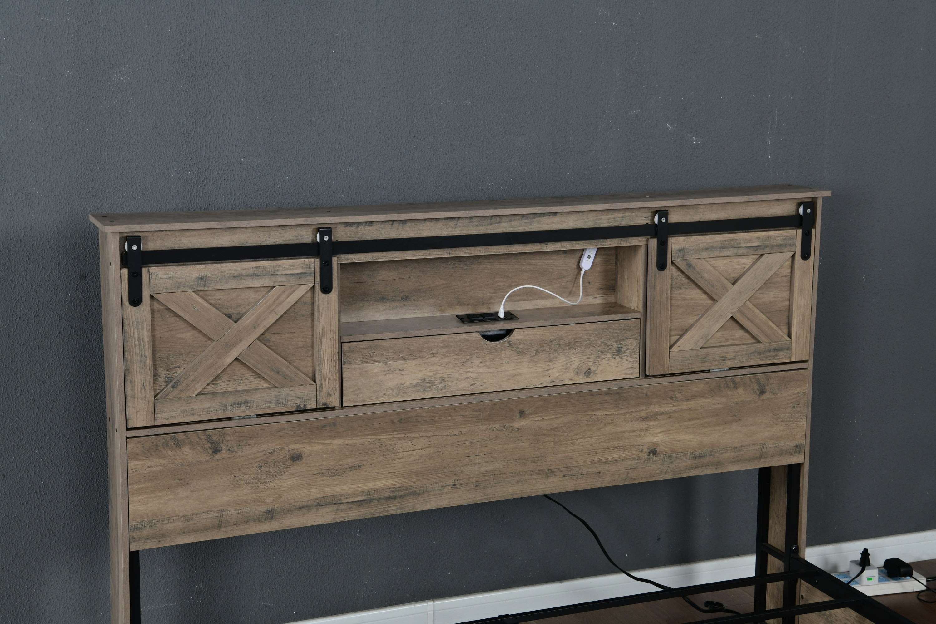 Farmhouse Queen Bed Frame with LED Lights & Charging Station | Wooden Bed with 2 Storage Drawers & Rustic Headboard with Sliding Barn Door Storage Cabinets