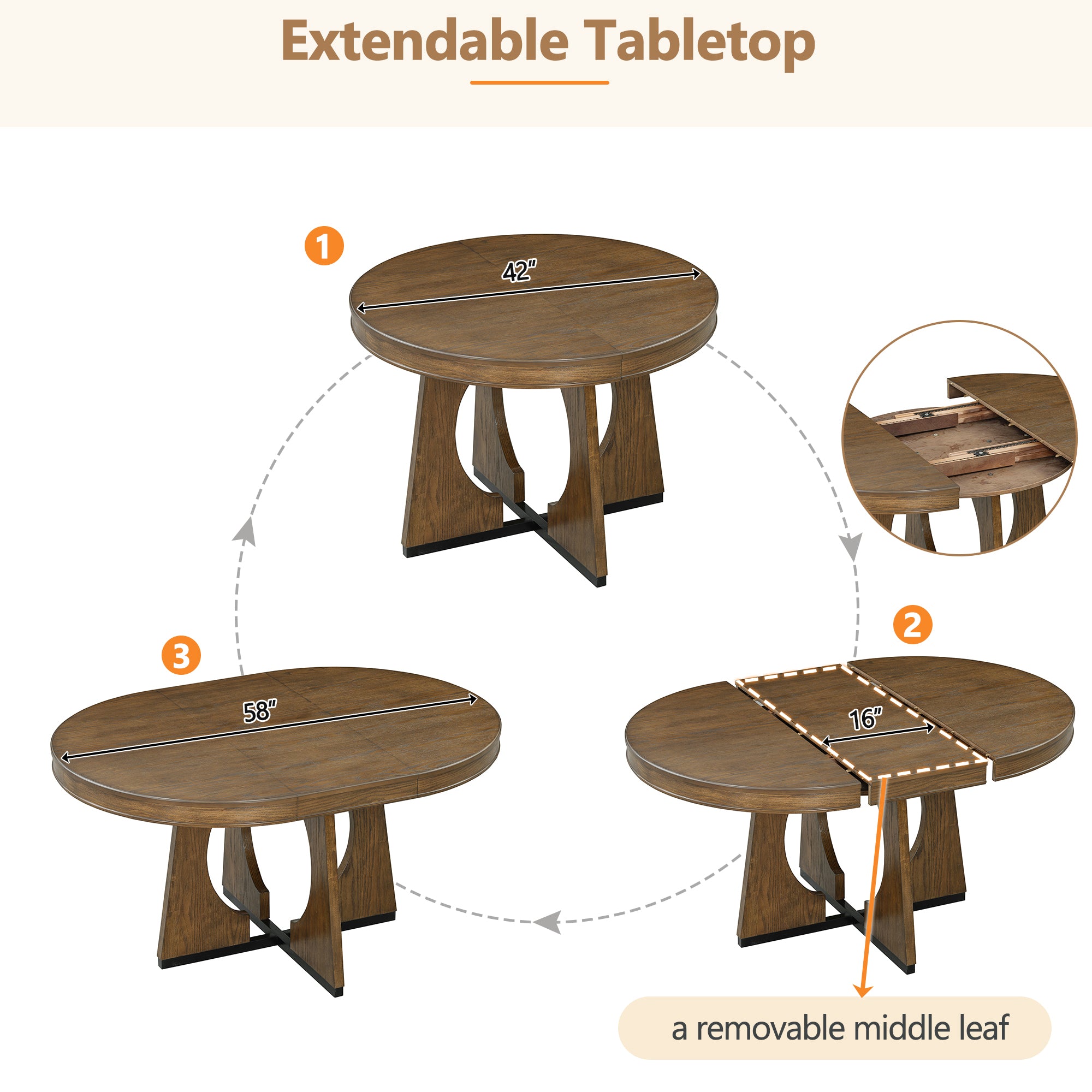 TREXM 5-Piece Round Dining Table Set for 4 – Extendable Dining Table with 16" Removable Leaf and Chairs, Retro Geometric Design for Kitchen or Dining Room, Walnut Finish