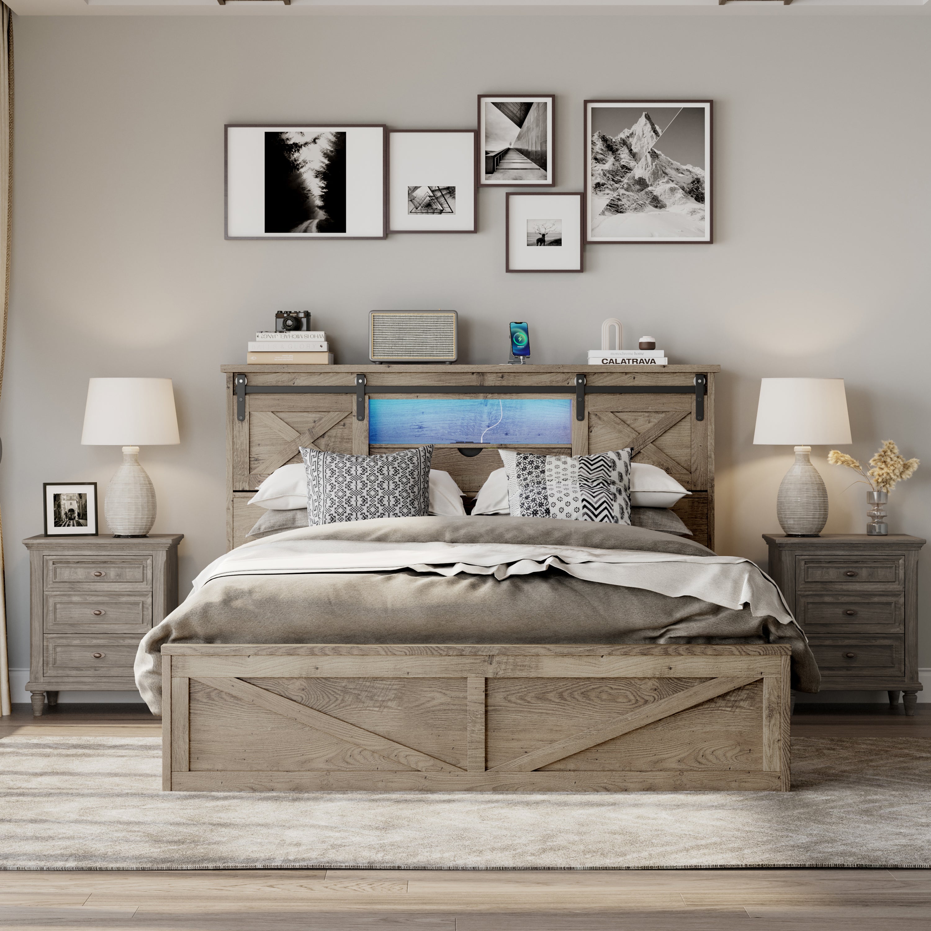 Farmhouse Queen Bed Frame with LED Lights & Charging Station | Wooden Bed with 2 Storage Drawers & Rustic Headboard with Sliding Barn Door Storage Cabinets