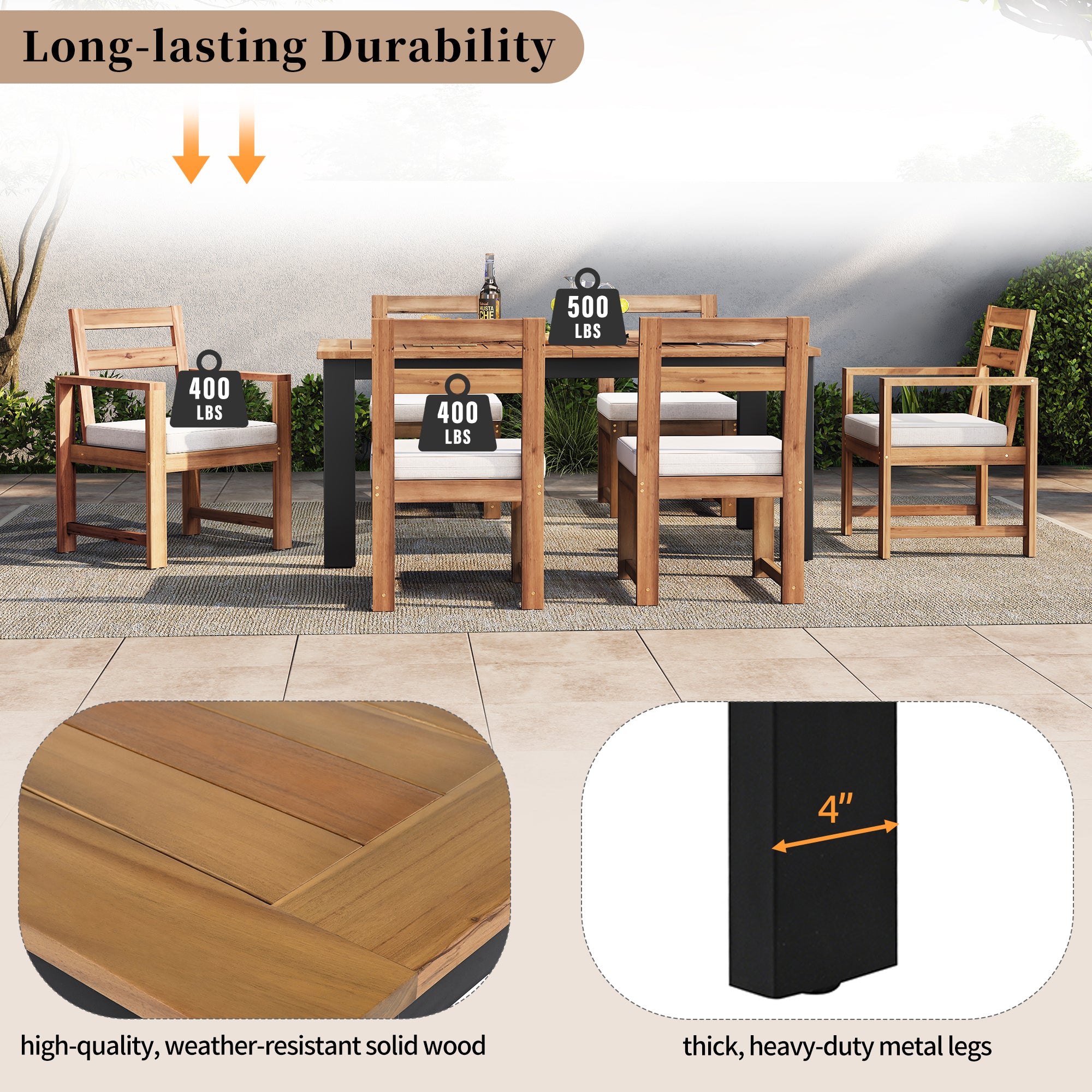 TREXM 7-Piece Patio Dining Set – Wood Outdoor Table with Umbrella Hole, 2 Armchairs & 4 Side Chairs, Garden Furniture (Light Teak + Beige)