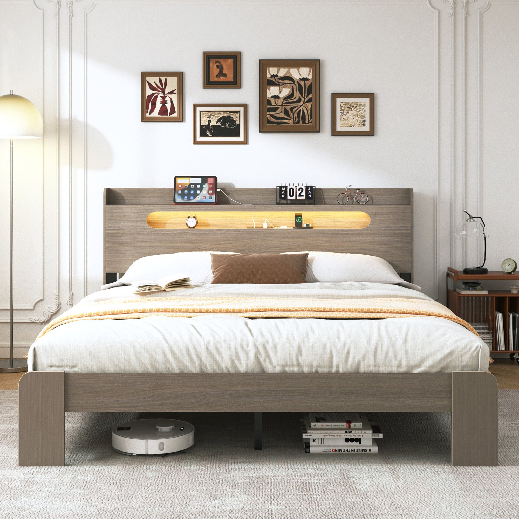 Queen Size Bed Frame with LED Headboard, USB & Storage | Dark Grey Wood Platform