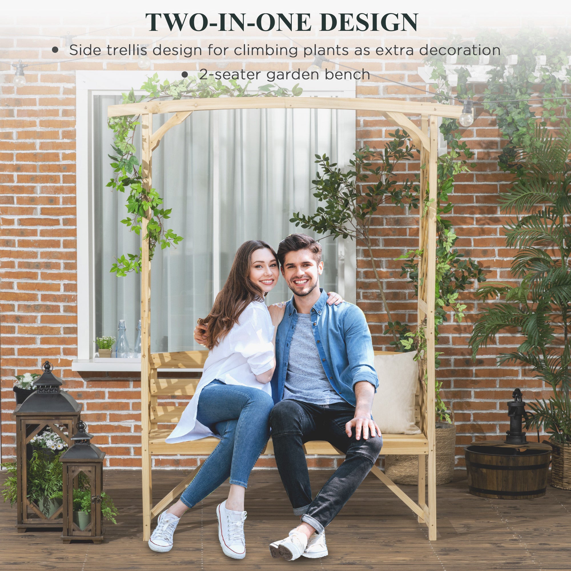 Outsunny Patio Garden Bench Arbor Arch with Pergola and 2 Trellises – 3-Seat Natural Wooden Outdoor Bench for Climbing Plants and Backyard Décor