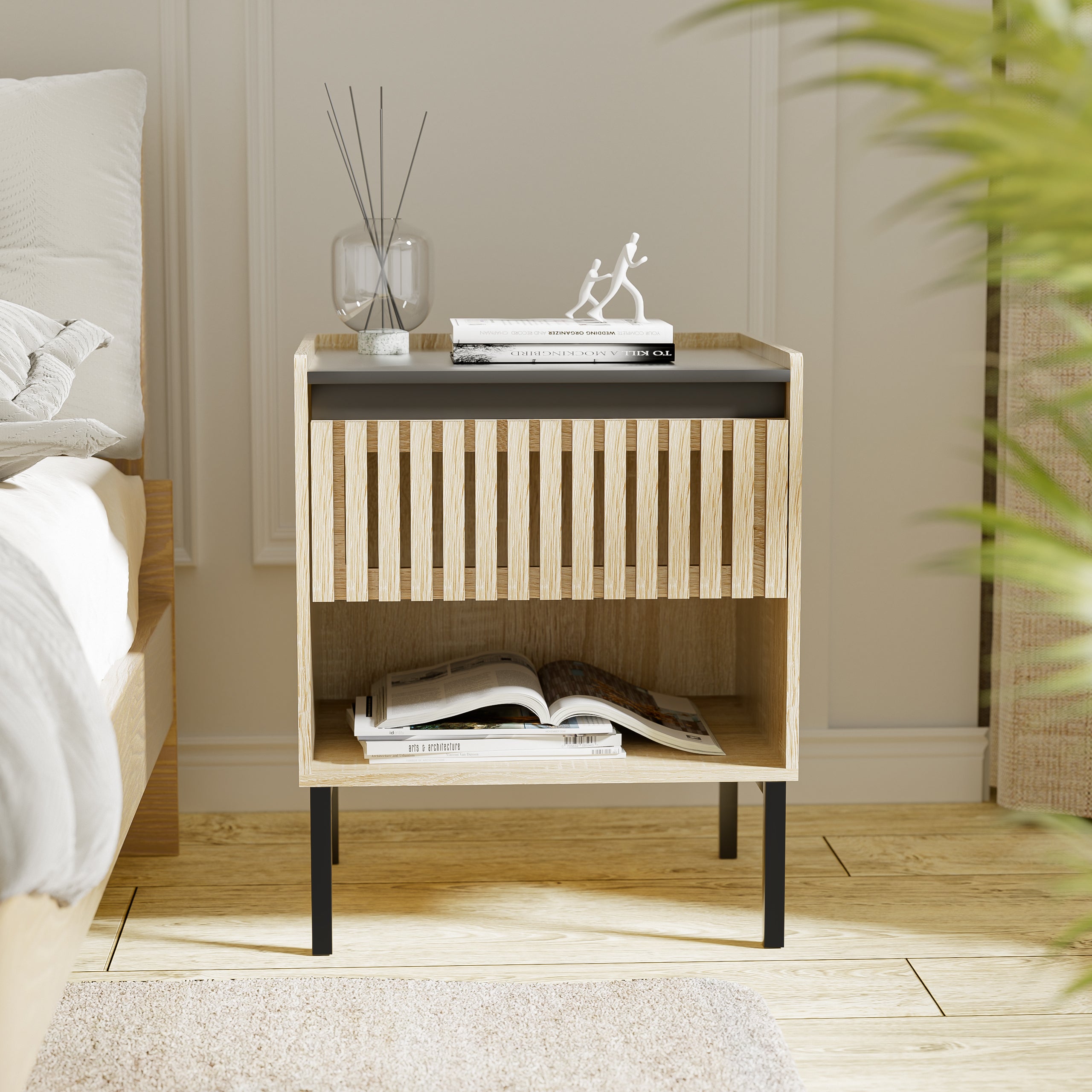 Bedside Cabinet Set of 2 – Modern Minimalist Design with Iron Feet, Vertical Stripe Elements, Quick Assembly, Ideal for Modern Families