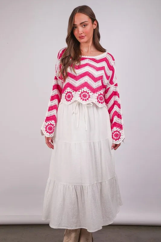 4b79455bd5e84742VERY J Chevron/Floral Pattern Crochet Knit Top8fc81abbc2d90e85-Max-Origin