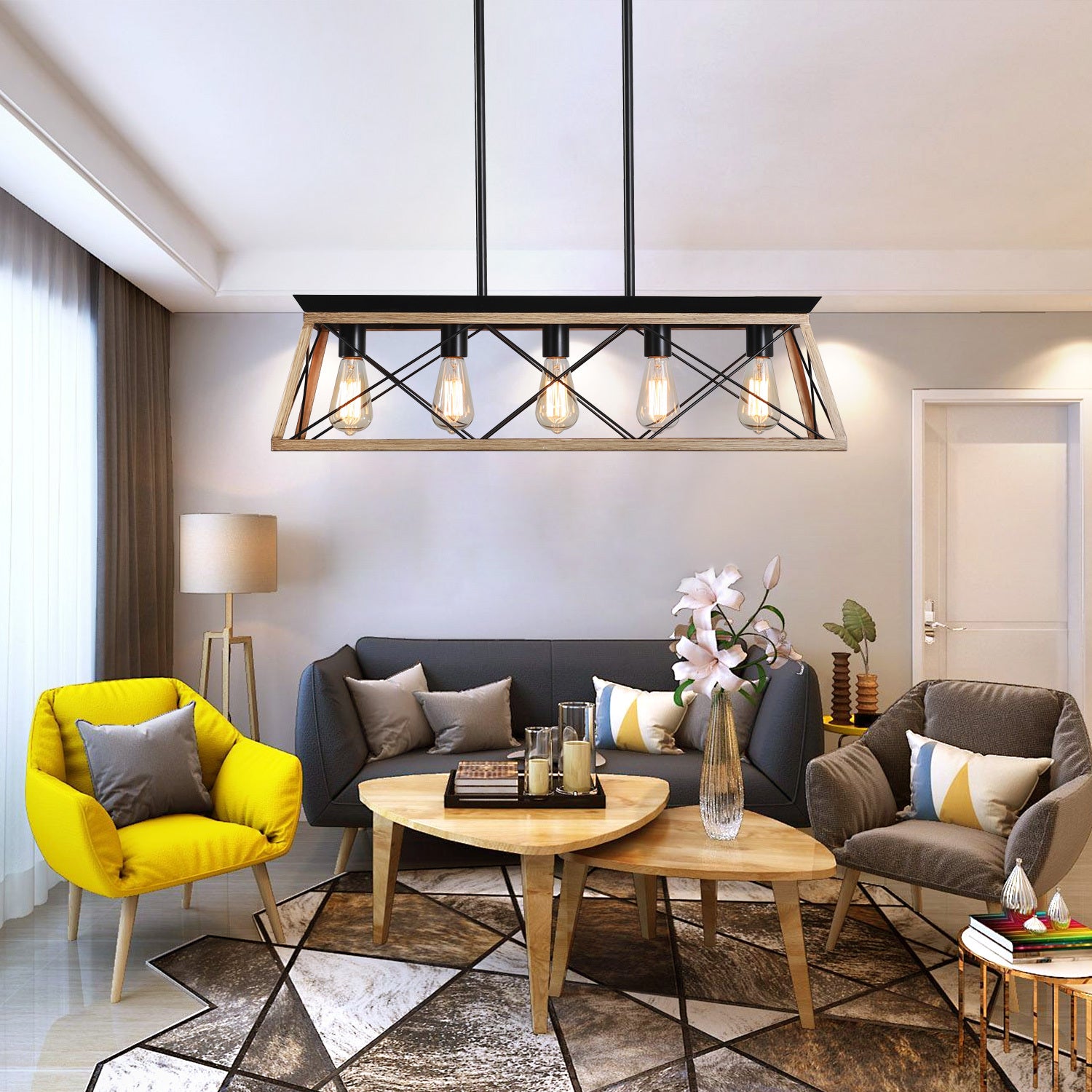 32' Oak Industrial 5-Light Pendant Chandelier, Modern Metal Cage Design, Adjustable Hanging Light for Dining Room, Kitchen, Living Room (No Bulbs)