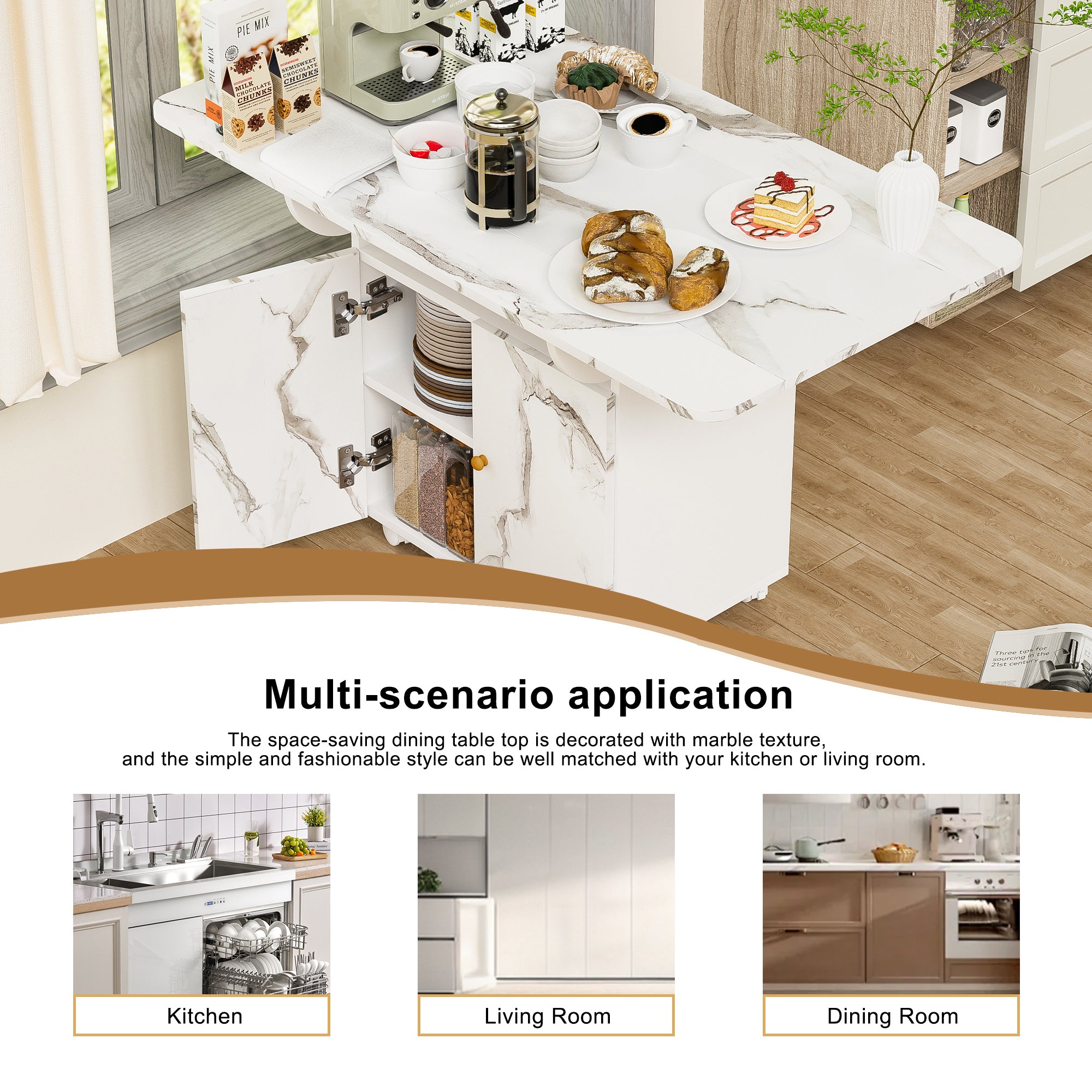 47" Wood Folding Dining Table with Storage Rack and Cabinet, Removable Entryway Table on 6 Wheels, White Marble Kitchen Island, Side and Coffee Table, Space-Saving Versatile Design