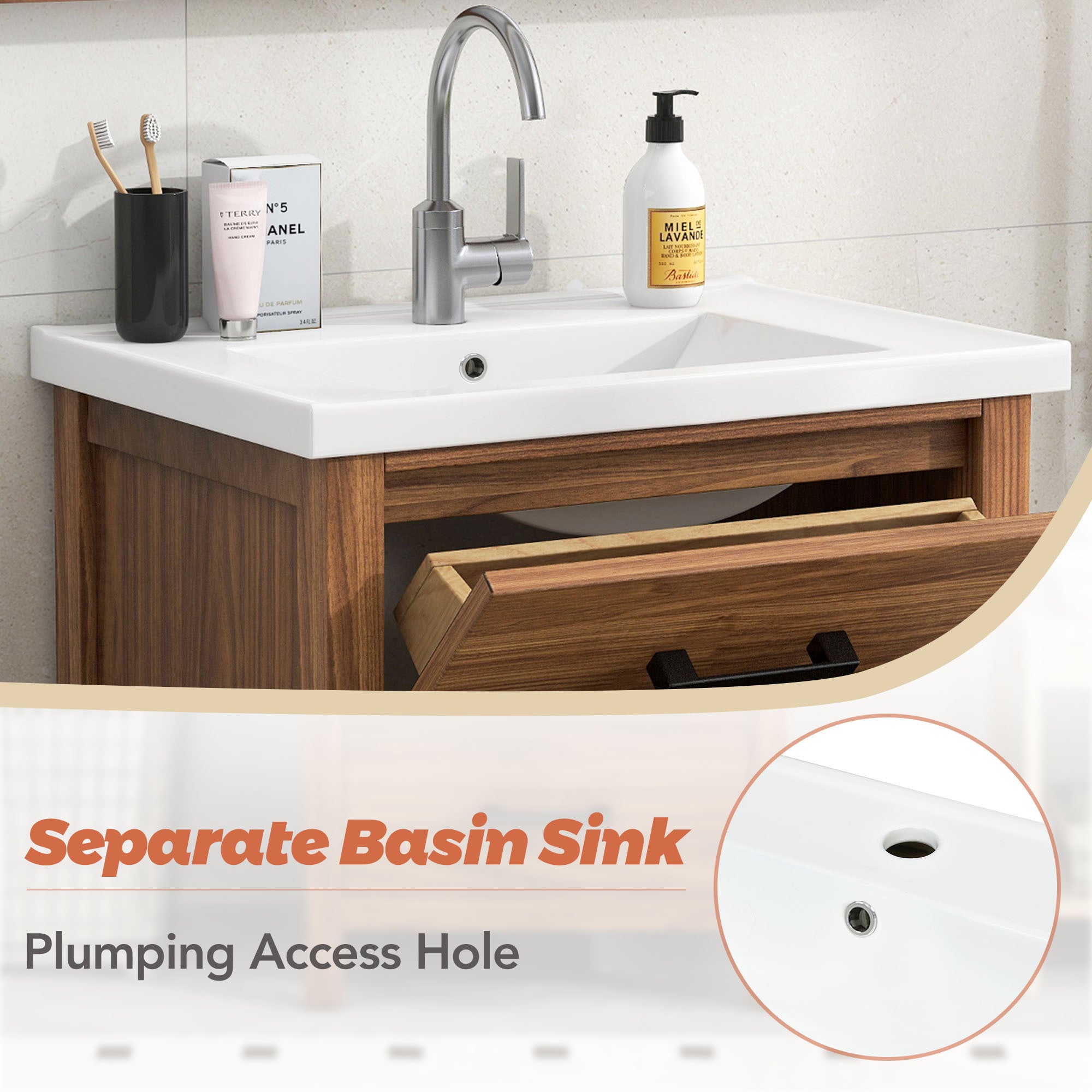 24'' Modern Bathroom Vanity with Ceramic Sink | Freestanding Cabinet with 3 Drawers (SW000108AAP)
