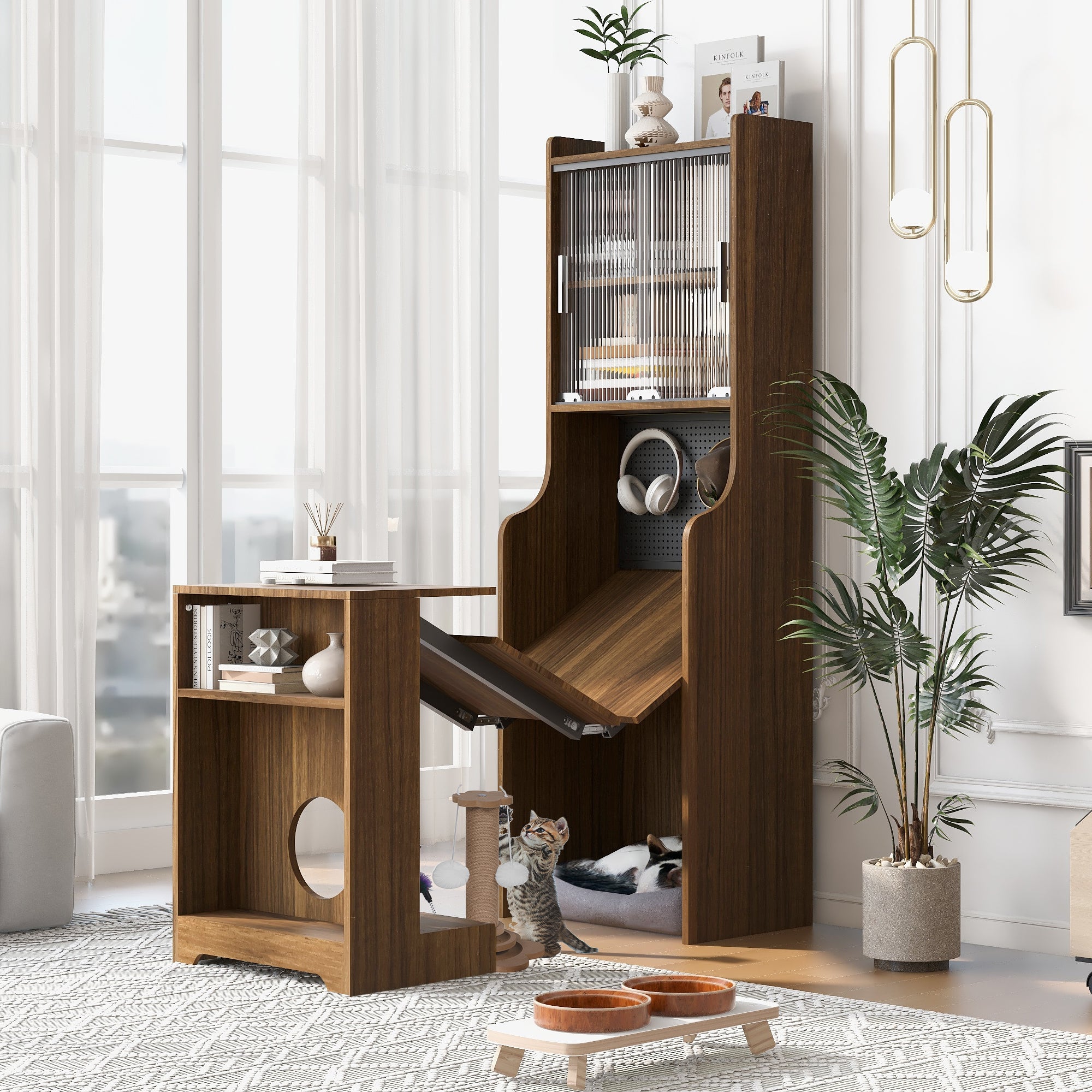 Mid-Century Modern Walnut Vintage Multi-use Cabinet With Cat scratcher Bed cat friendly furniture