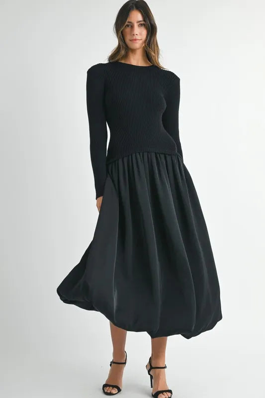 MABLE Ribbed Poplin Mix Midi Sweater Dress
