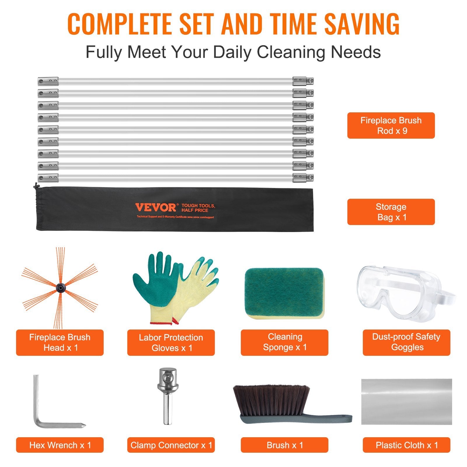 30 Ft Chimney Sweep Kit with 9 Flexible Rods | 360° Brush & Rich Accessories for Home Use