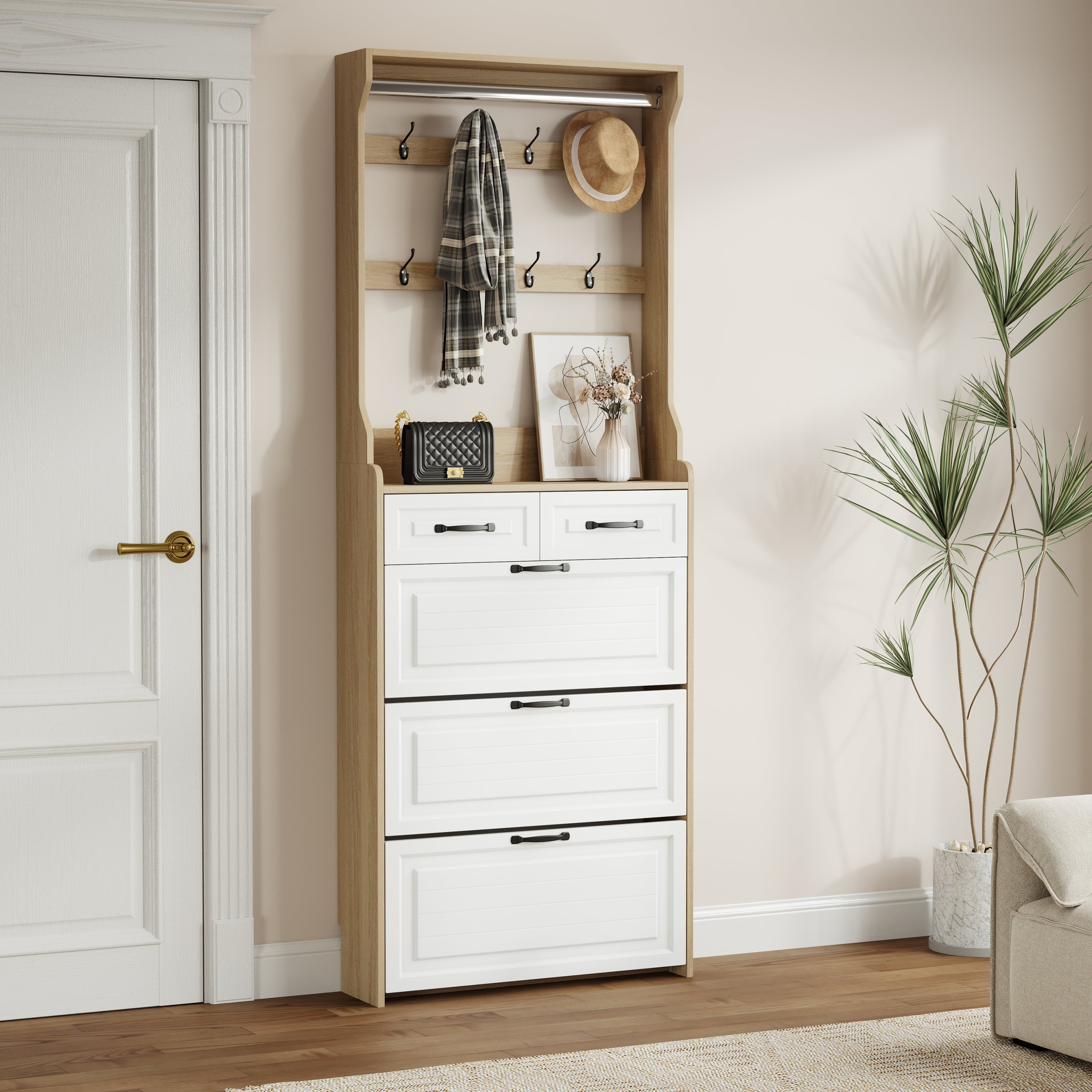 New Oak Color Shoe Cabinet with 3 Doors, 2 Drawers, and Hanger, Large Storage Space for Shoes and Accessories