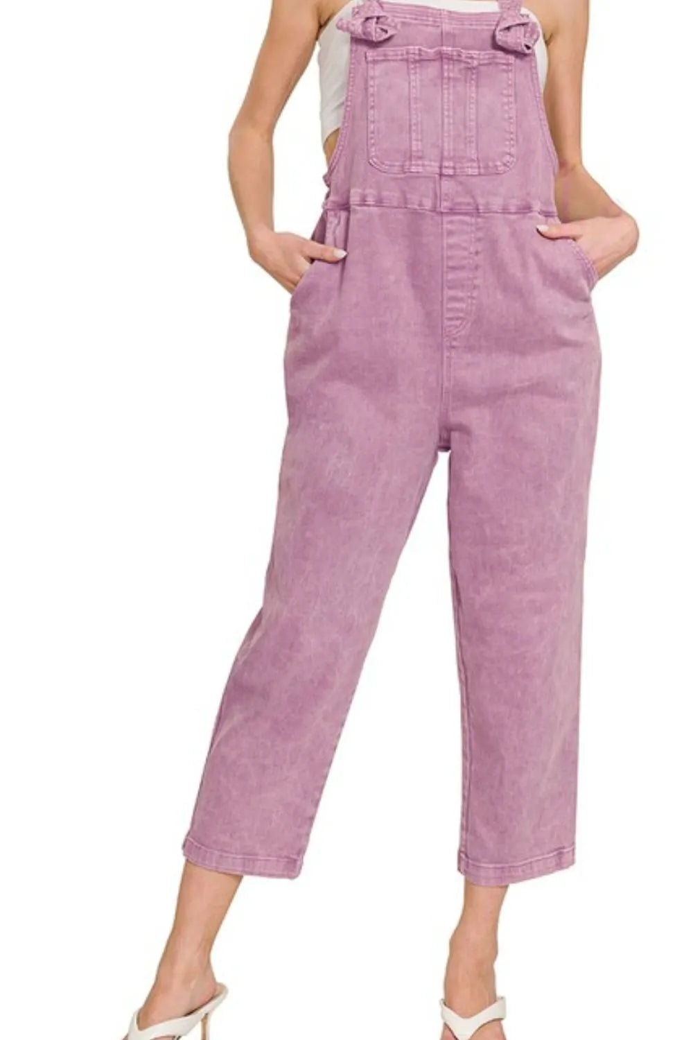 Zenana Washed Knot Strap Relaxed Fit Overalls 97% cotton