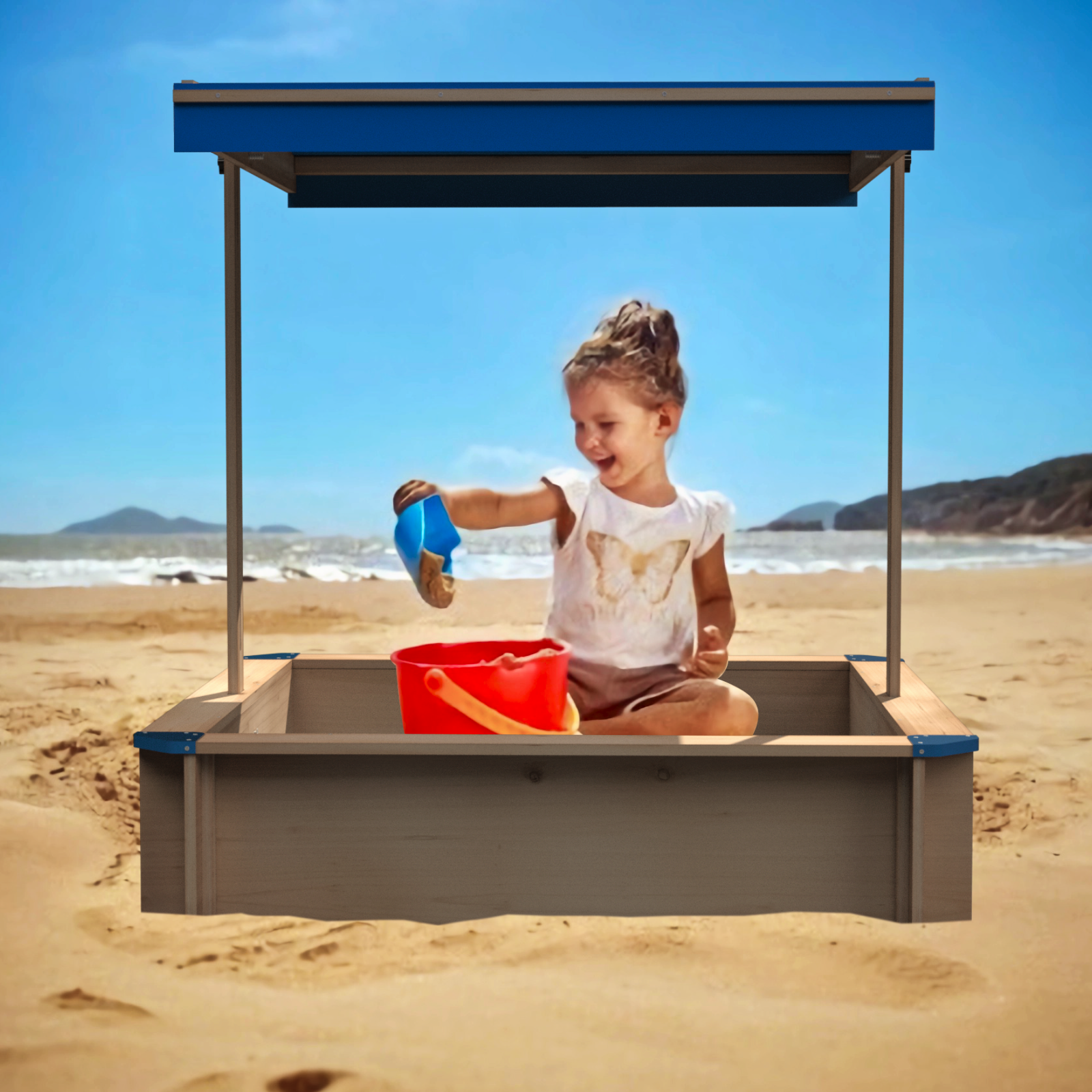 Children's Wooden Sandbox with Adjustable Retractable Canopy – Sand Pit with Cover for Garden, Beach, Patio, Outdoor Backyard Playset – Natural Wood