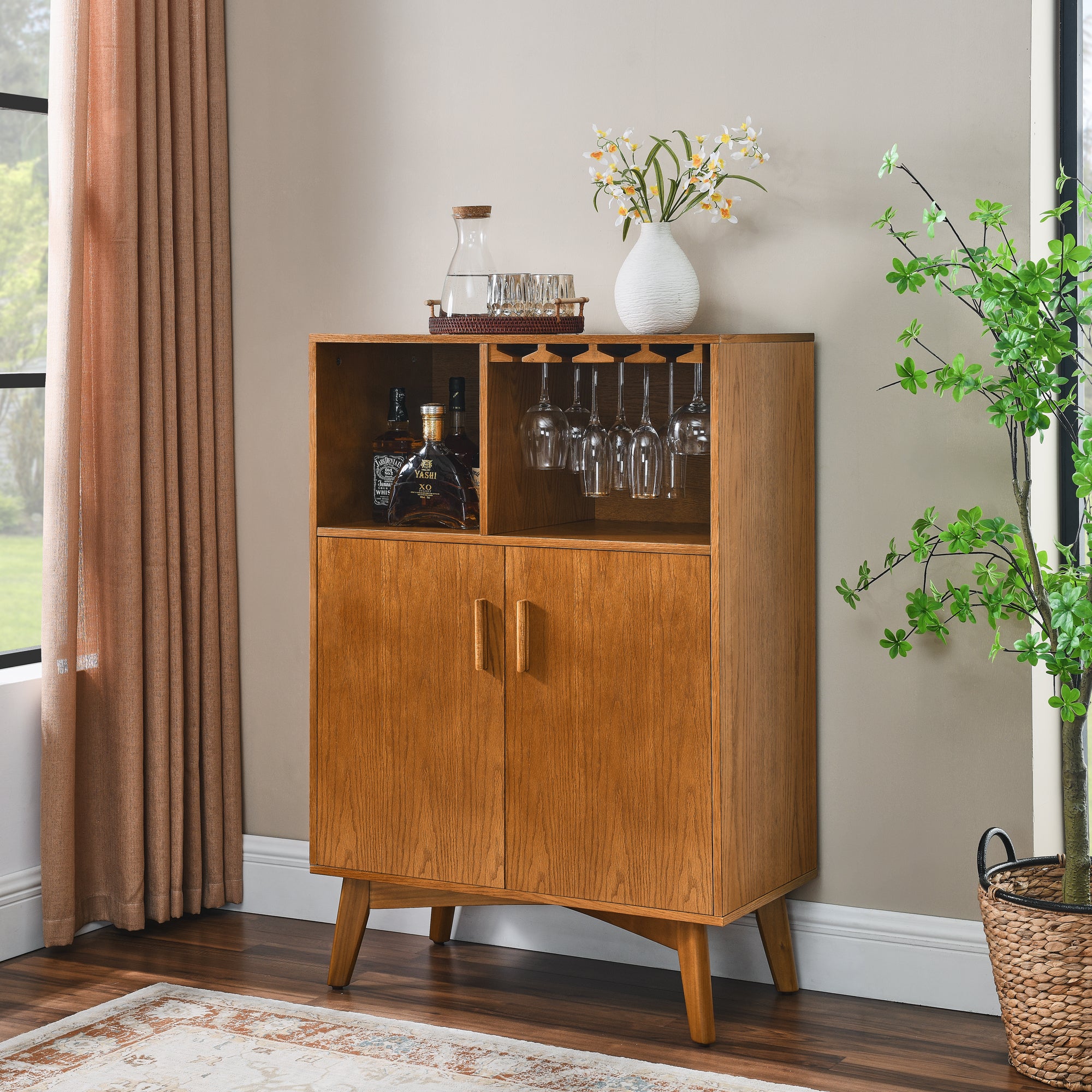 31.5" Liquor Cabinet with Wine Glass Holder & Wine Rack & Adjustable Shelf – Rustic Sideboard Buffet Cabinet, Kitchen Coffee Bar Cabinet, Wine Storage for Home Farmhouse Dining Room