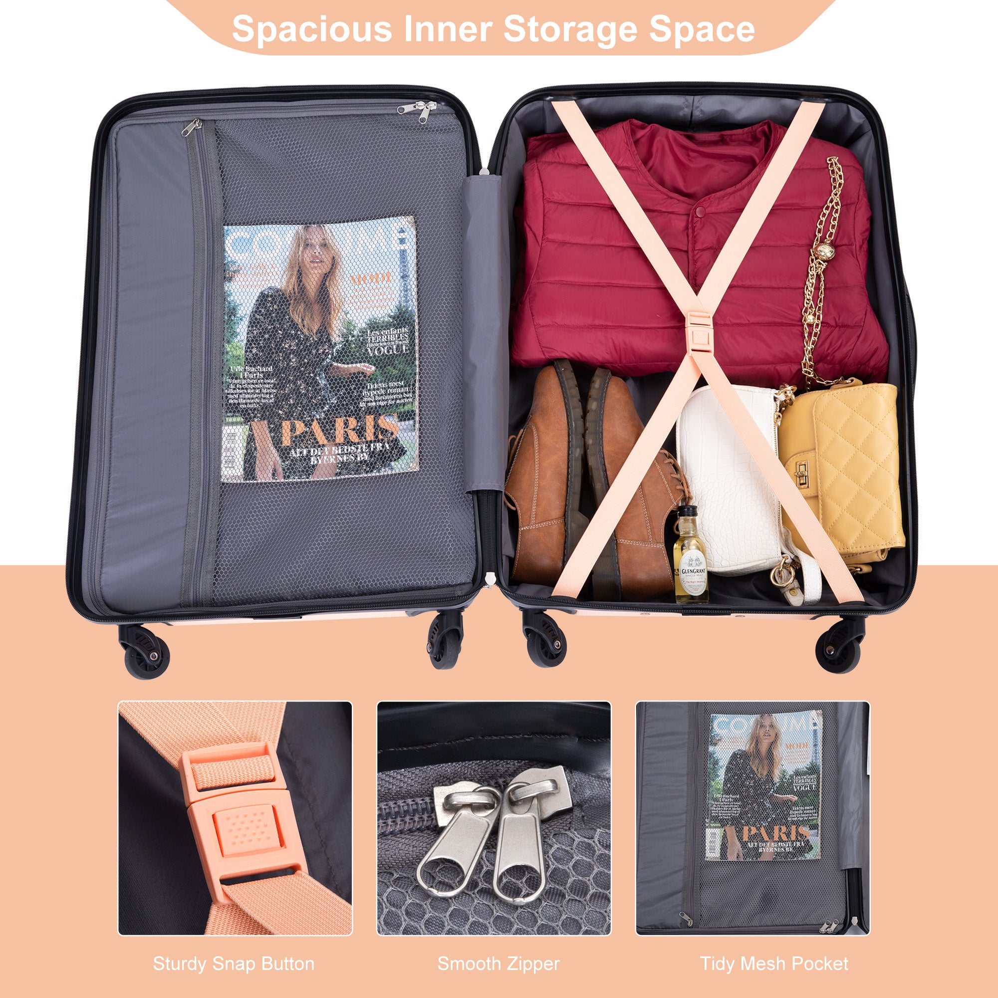 Expandable 3 Piece Luggage Sets PC Lightweight & Durable Suitcase with Two Hooks, Spinner Wheels, TSA Lock, Peach