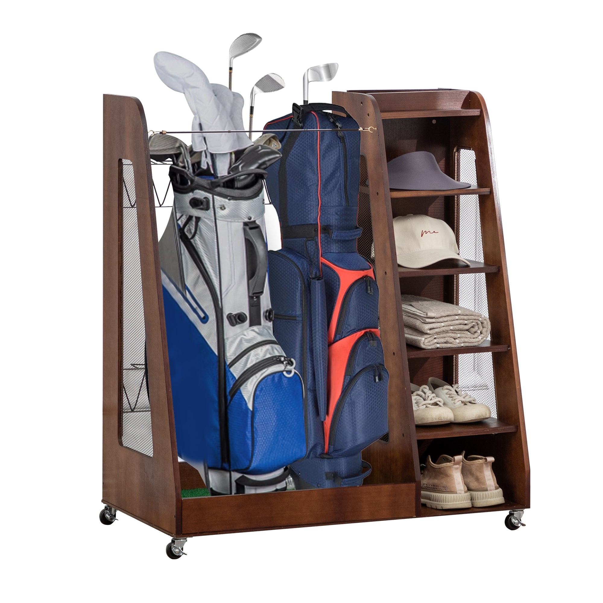 Golf Bag Organizer for Garage, Premium Wooden Golf Clubs Storage Rack Fit 2 Golf Bags, Golf Trunk Organizer for Car Garage Club Shed Basement,Brown
