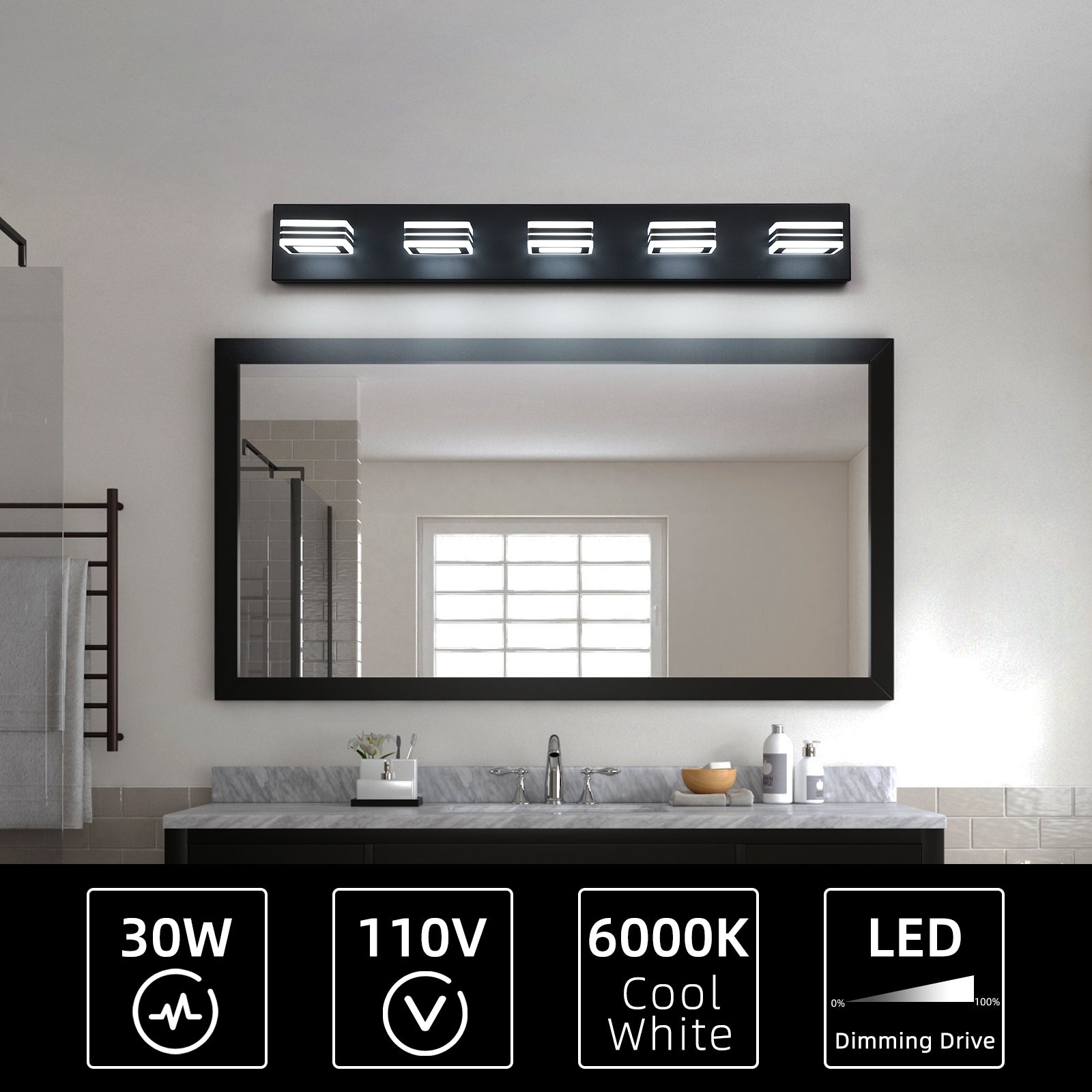 32' Modern Black 5-Light LED Vanity Light, Square Acrylic Lampshades Wall Mount Fixture for Bathroom, Mirror Lighting