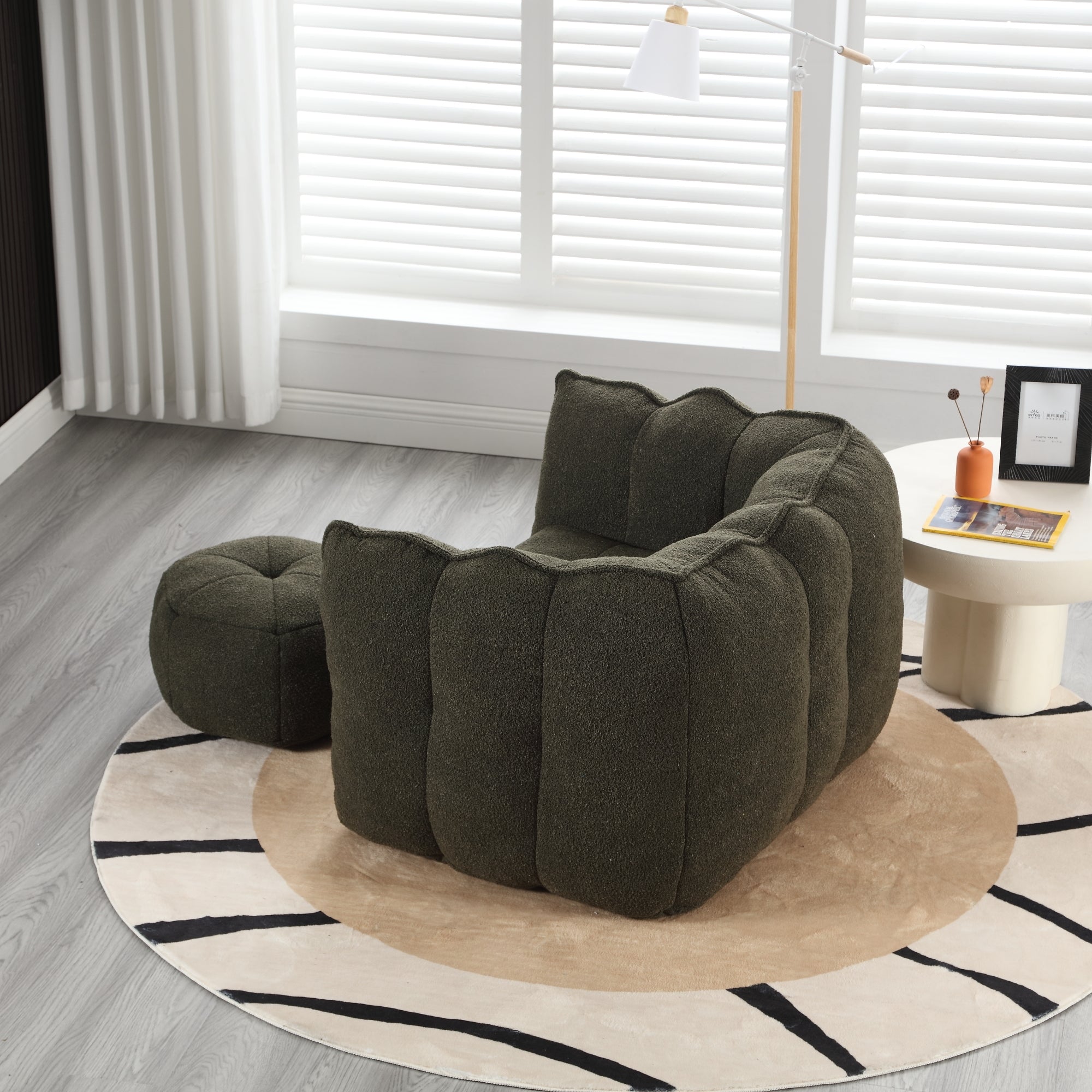 Soft Chenille Bean Bag Chair with High Resilient Foam for Living Room and Bedroom, Comfortable Square Lazy Sofa with Footstool for Adults