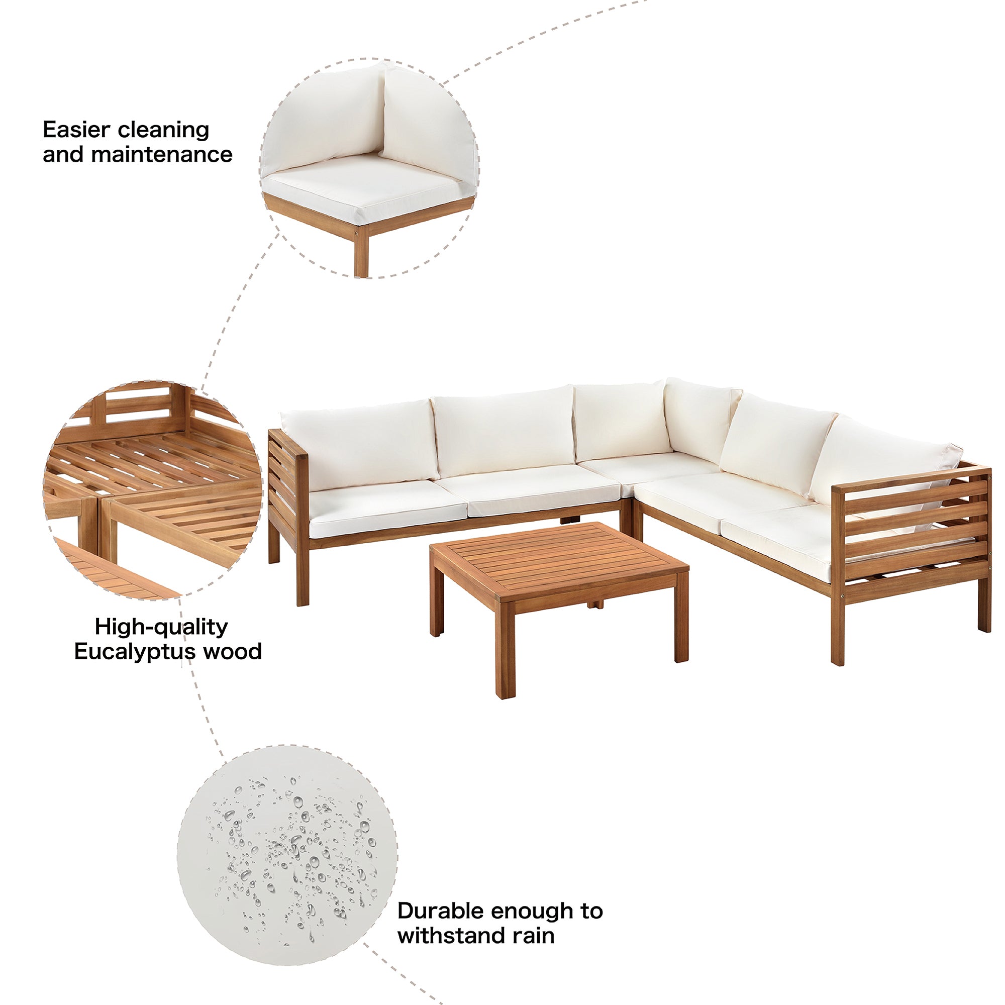 GO Wood Structure Outdoor Sofa Set with beige Cushions Exotic design Water-resistant and UV Protected texture High quality acacia wood Strong Metal Accessories