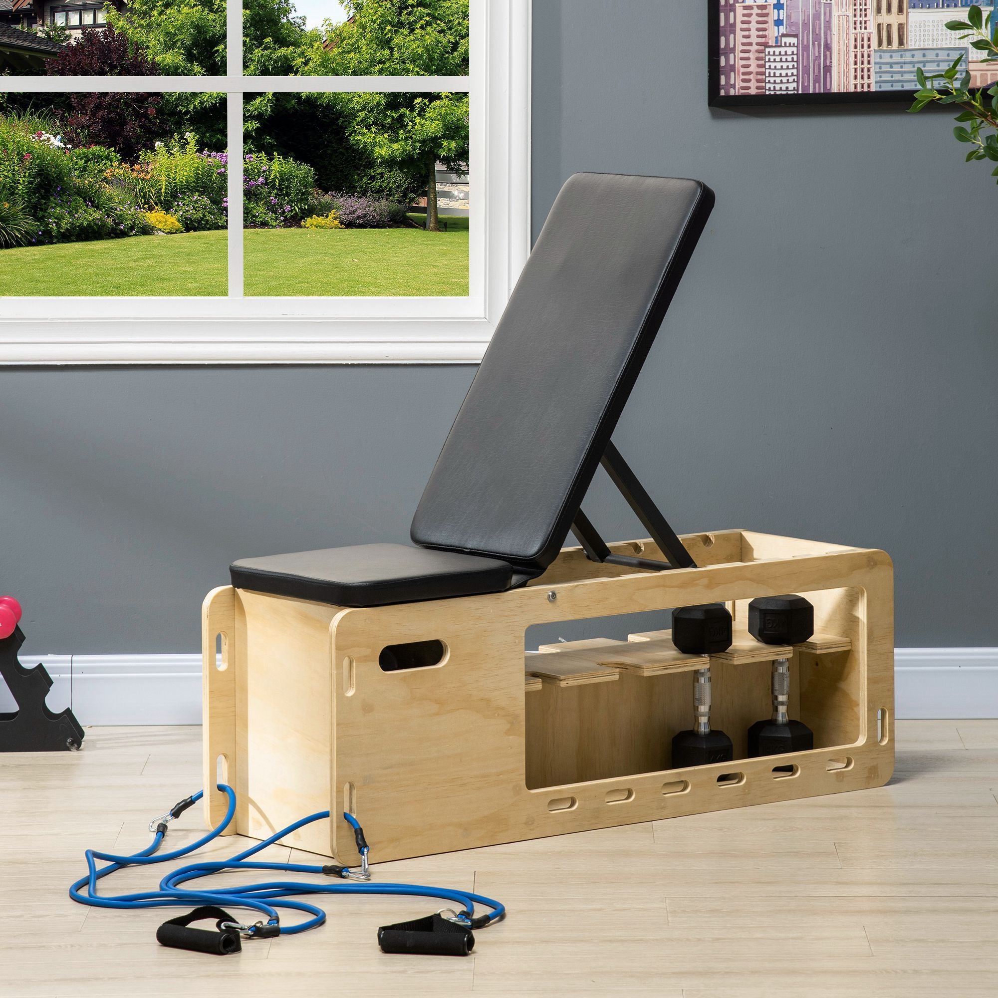 Soozier Adjustable Weight Bench with Storage & Resistance Rope | Incline Workout Bench for Home Gym