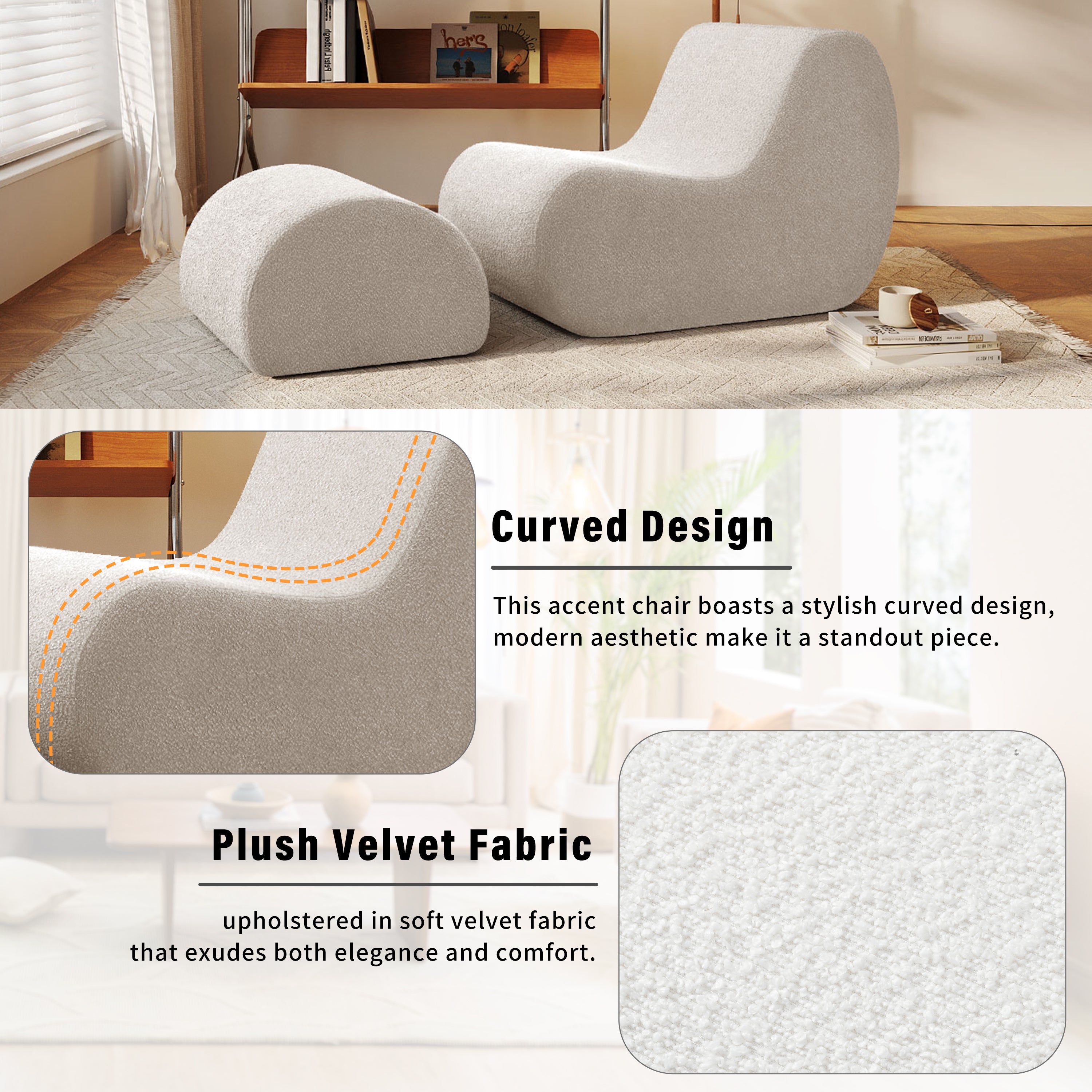 Mirod Elegant Accent Chair with Ottoman,Stylish Curved Design and Minimalist Lines for Ultimate Comfort, High-Resilience Foam for Luxurious Seating
