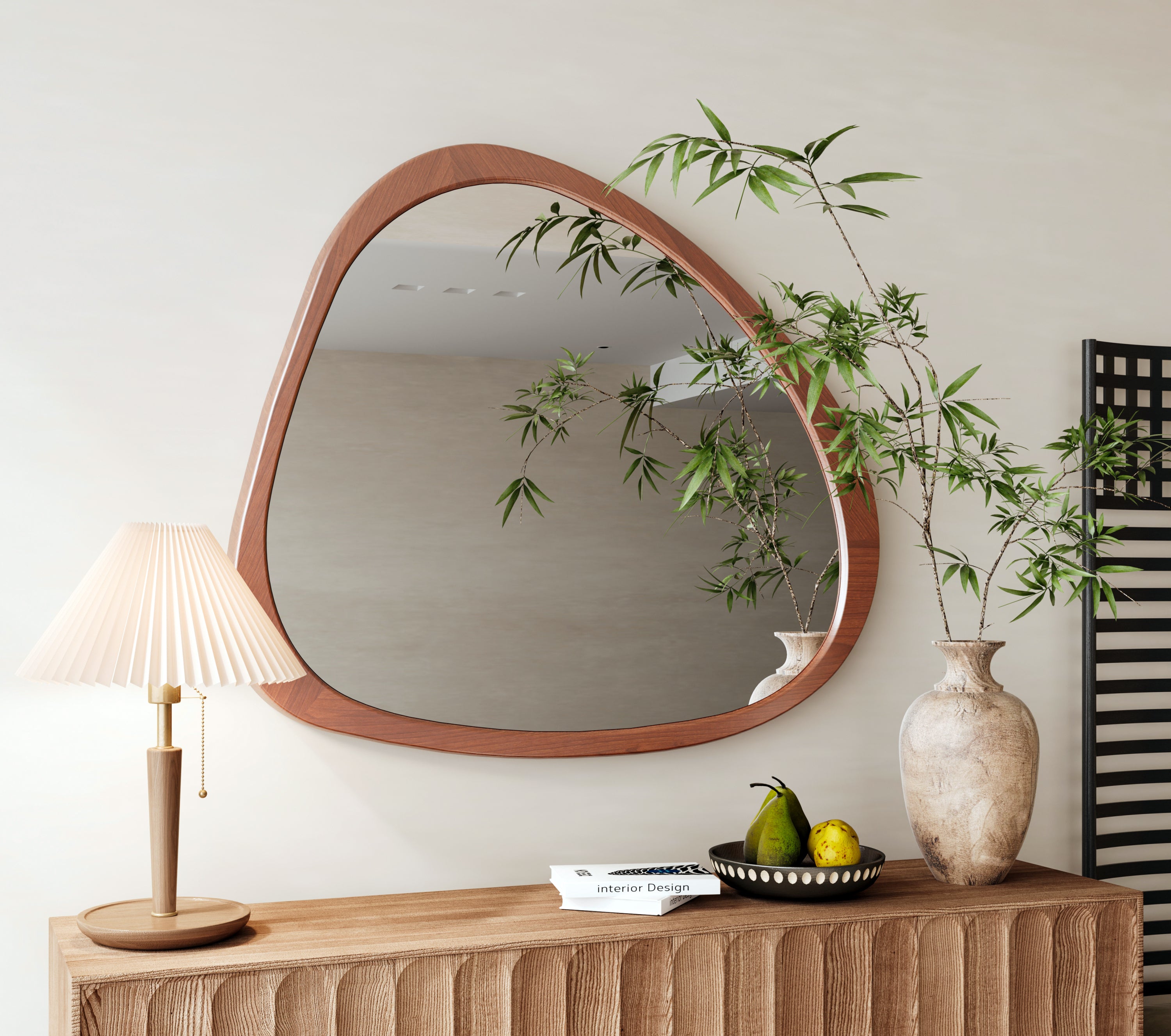 Solid Wood Mirror 45 Inch – Asymmetrical Wall Mirror with Wooden Frame, Large Dressing Mirror for Living Room, Bedroom, Bathroom, Hallway, or Entryway