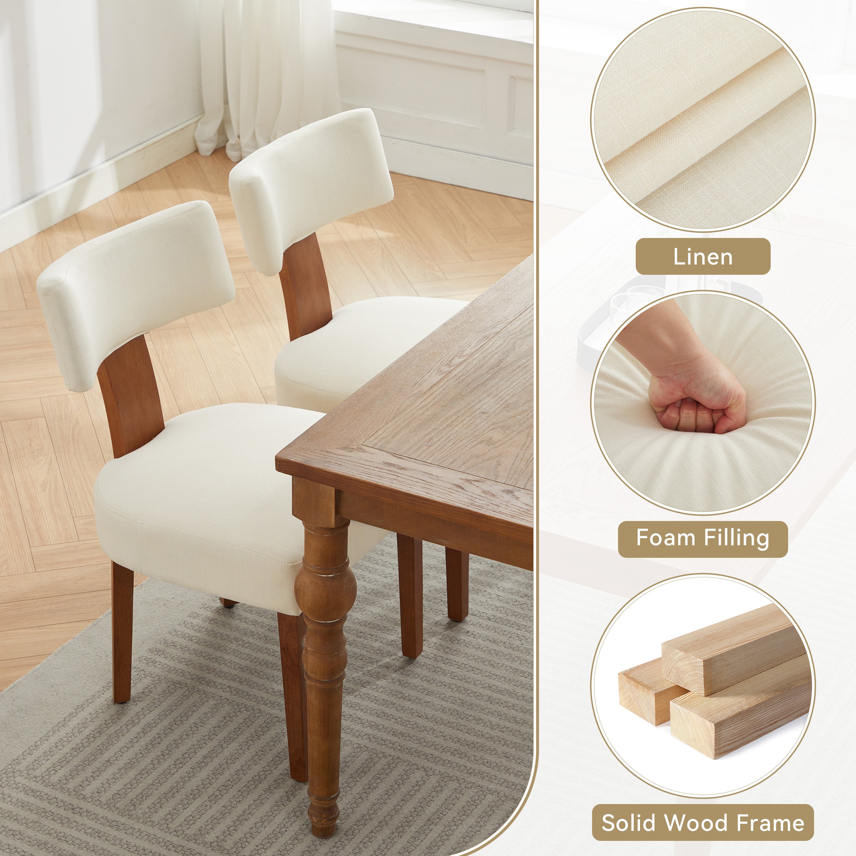 064-Set of 2 Linen Fabric Modern Armless Dining Chairs With Curved backrest and Solid Wooden Legs for Dining Room Living Room ,Beige