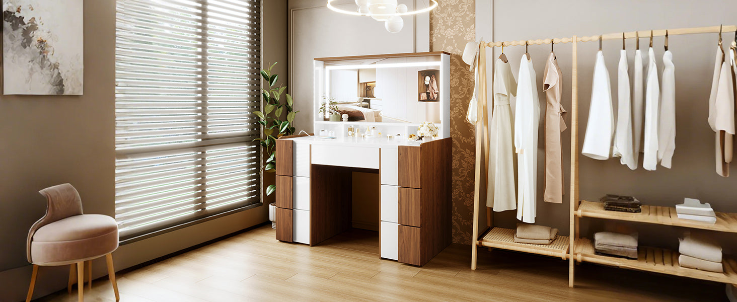 4.4" Elegant Vanity Table with Lighted Mirror & Power Outlet – Makeup Dressing Table with 7 Drawers, Storage Shelves, and Brown Solid Wood-Style Finish