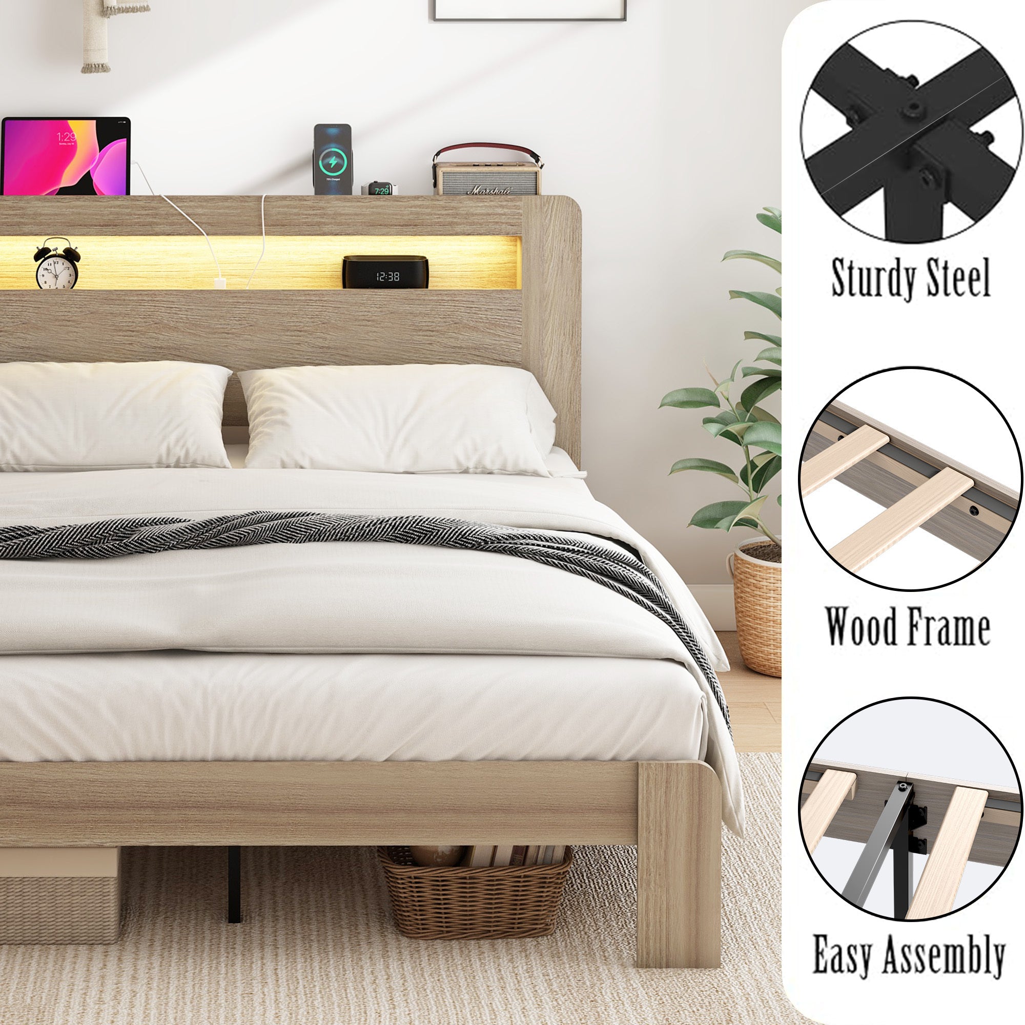  Queen Size Bed Frame with LED Headboard, USB & Storage | Dark Gray Wood Platform