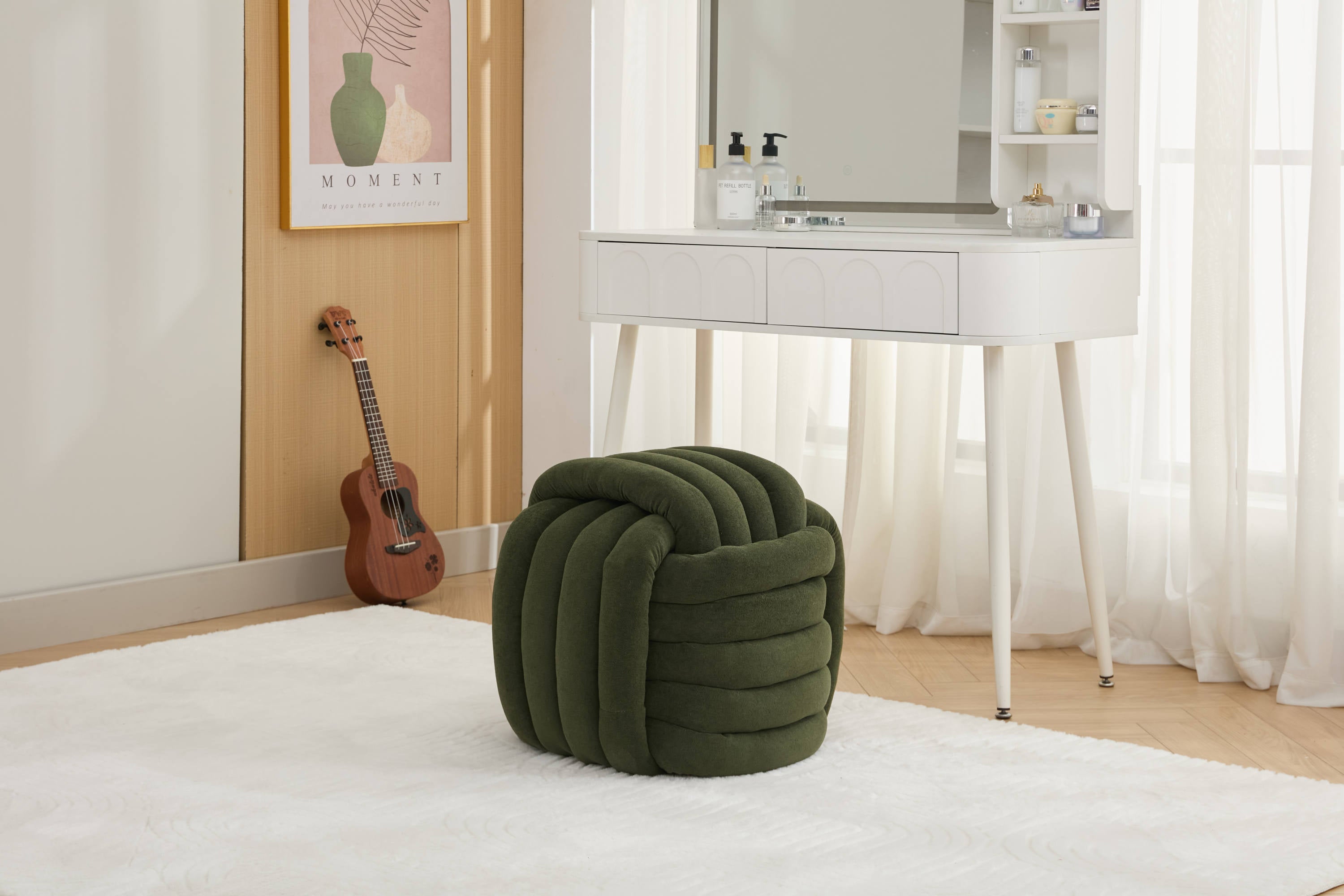 060-Chenille Fabric Modern Knot Design Ottoman Makeup Stool Footstool, Comfortable and Stylish Seat for Living Room, Bedroom,Green